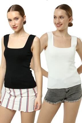 Kadın Kalın Askılı Kare Yaka Yazlık Bluz - Siyah beyaz 2'li Paket Image 0
