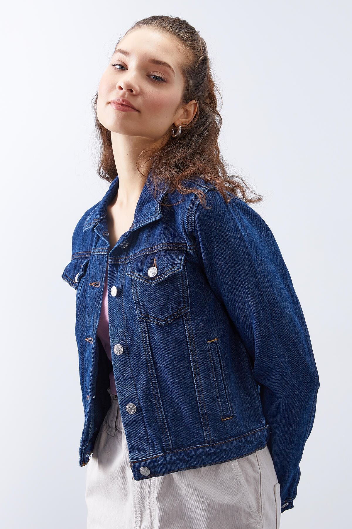 Dark blue denim deals jacket women