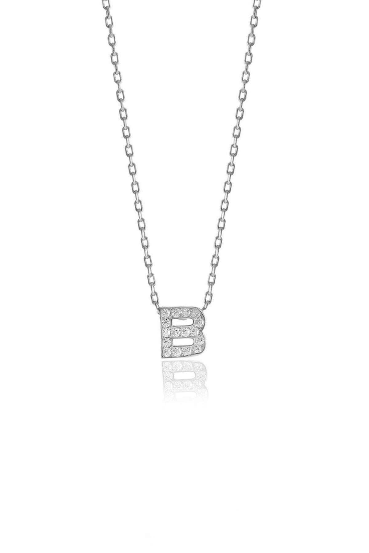 Söğütlü Silver Gümüş  Rodyumlu Üç Boyutlu Minimal B Gümüş Harf Kolye