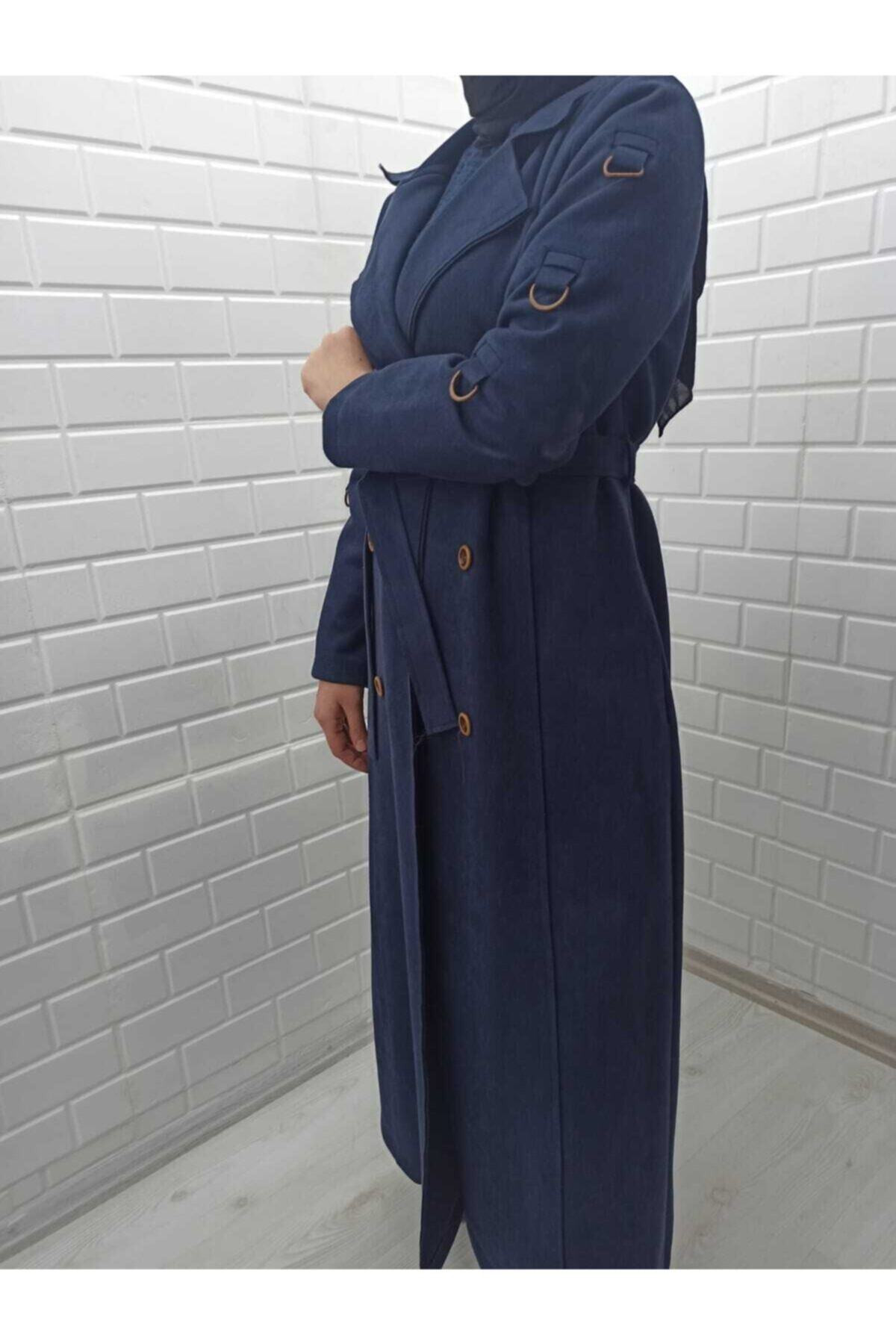 İnce Tekstil Giyim Düğme Detaylı Kuşaklı Pardesü Lacivert