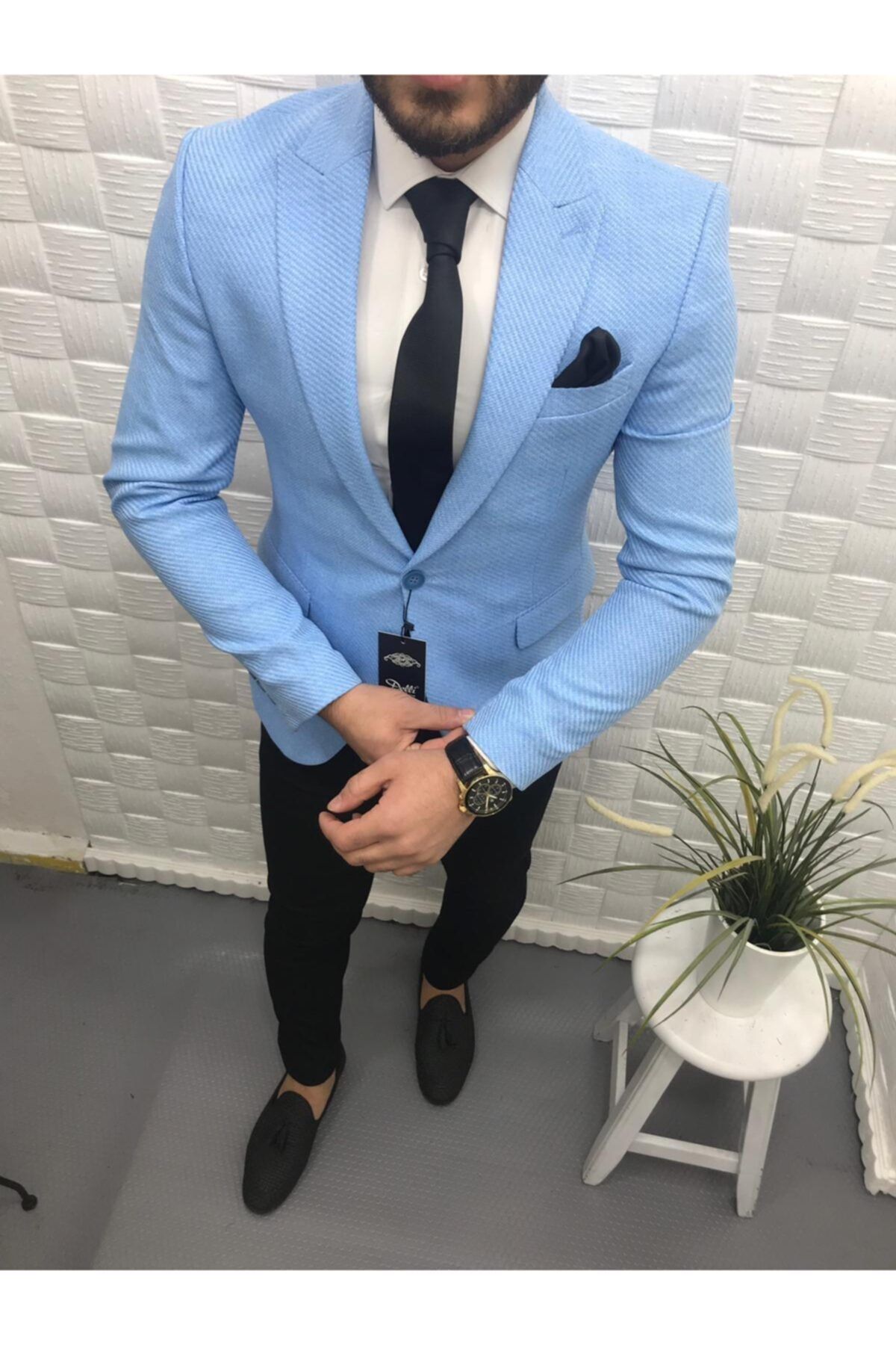CXFASHİON Erkek Buz Mavisi Slim Fit Ceket