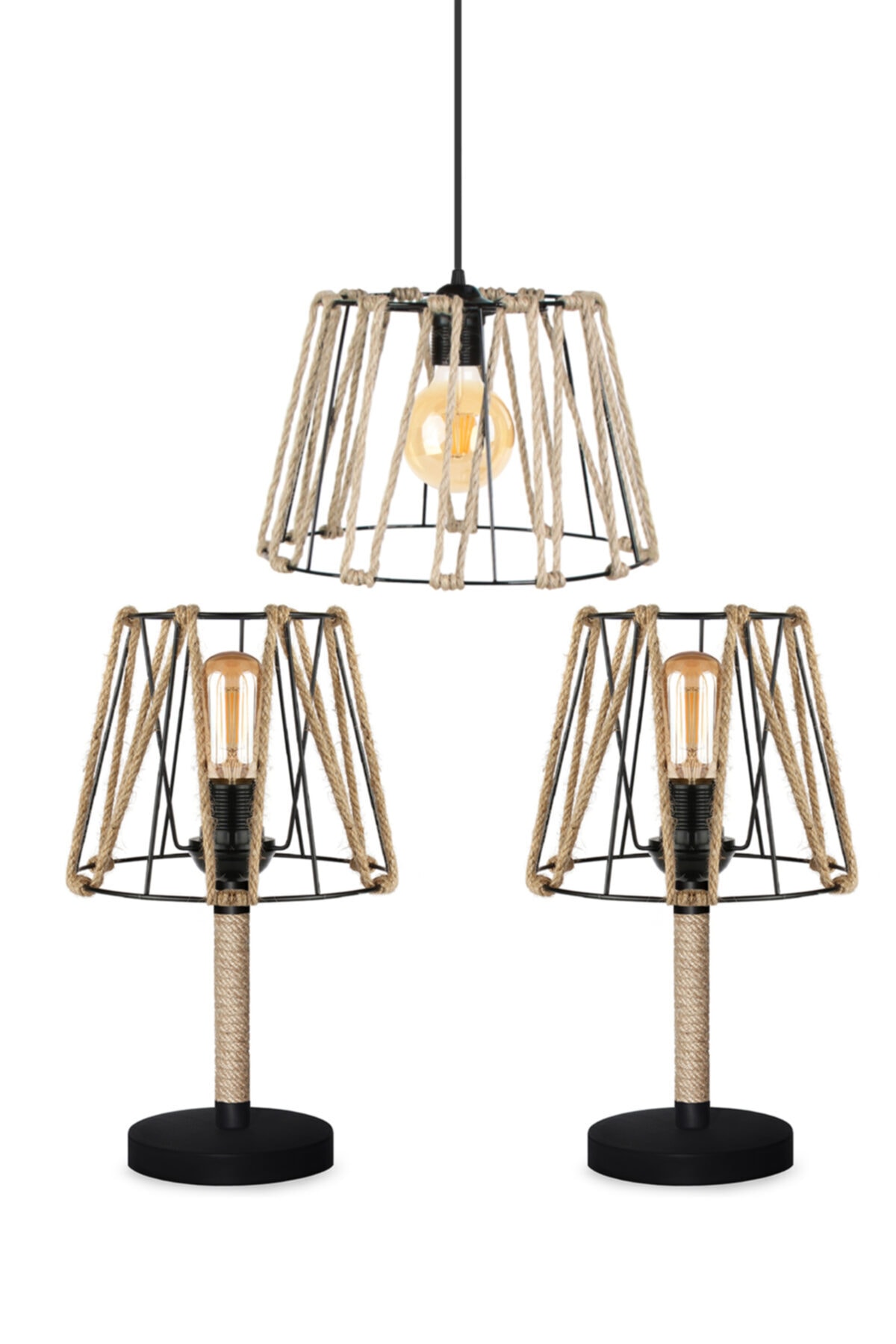 HOMİNG Halatlı Dekoratif 2' Li Abajur Ve Halatlı Avize Seti Ayd-2515-1