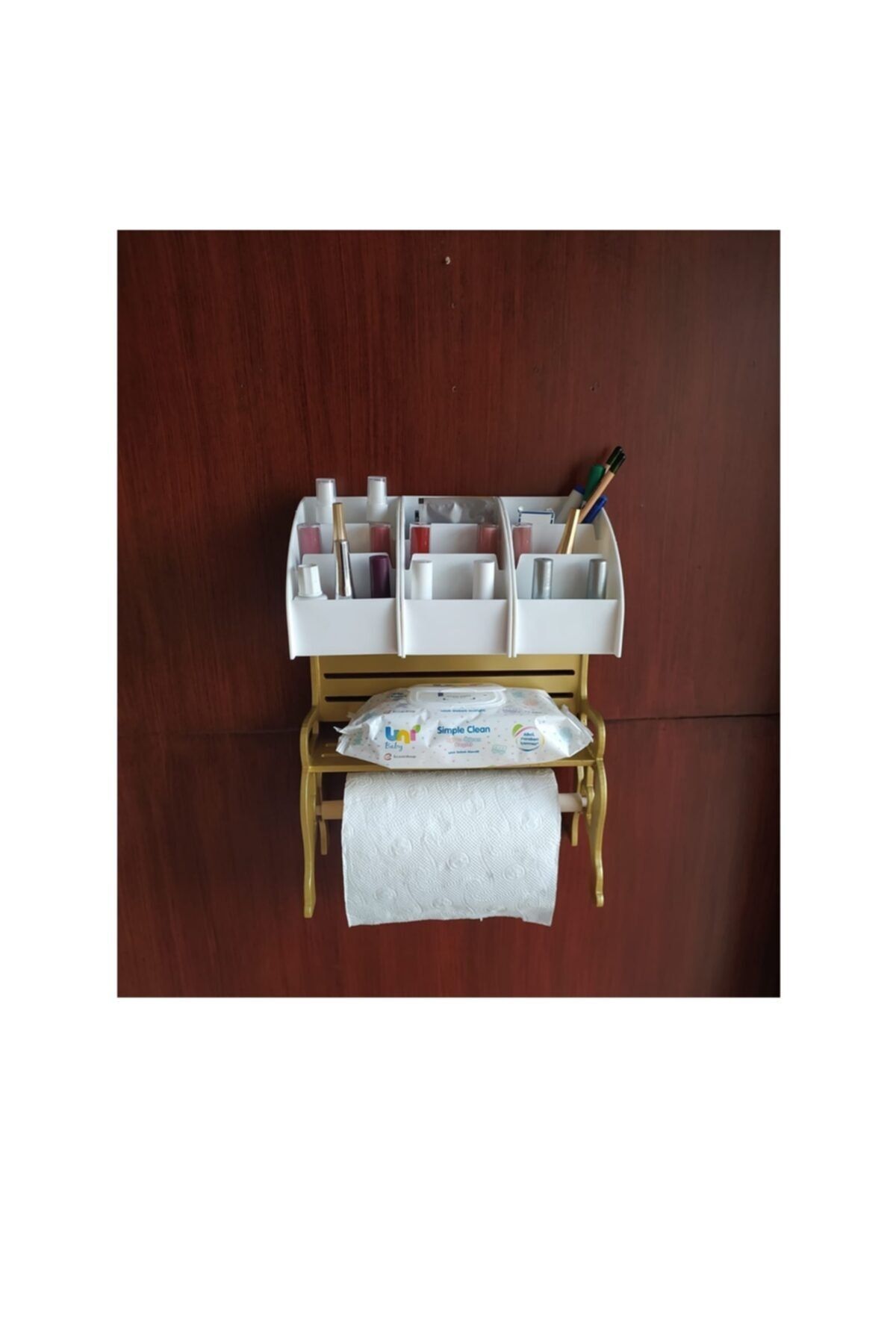 Bahat Makyaj Kutusu Yapışkanlı Banyo Seti Ahşap Oymalı Kağıt Havluluk Peçetelik