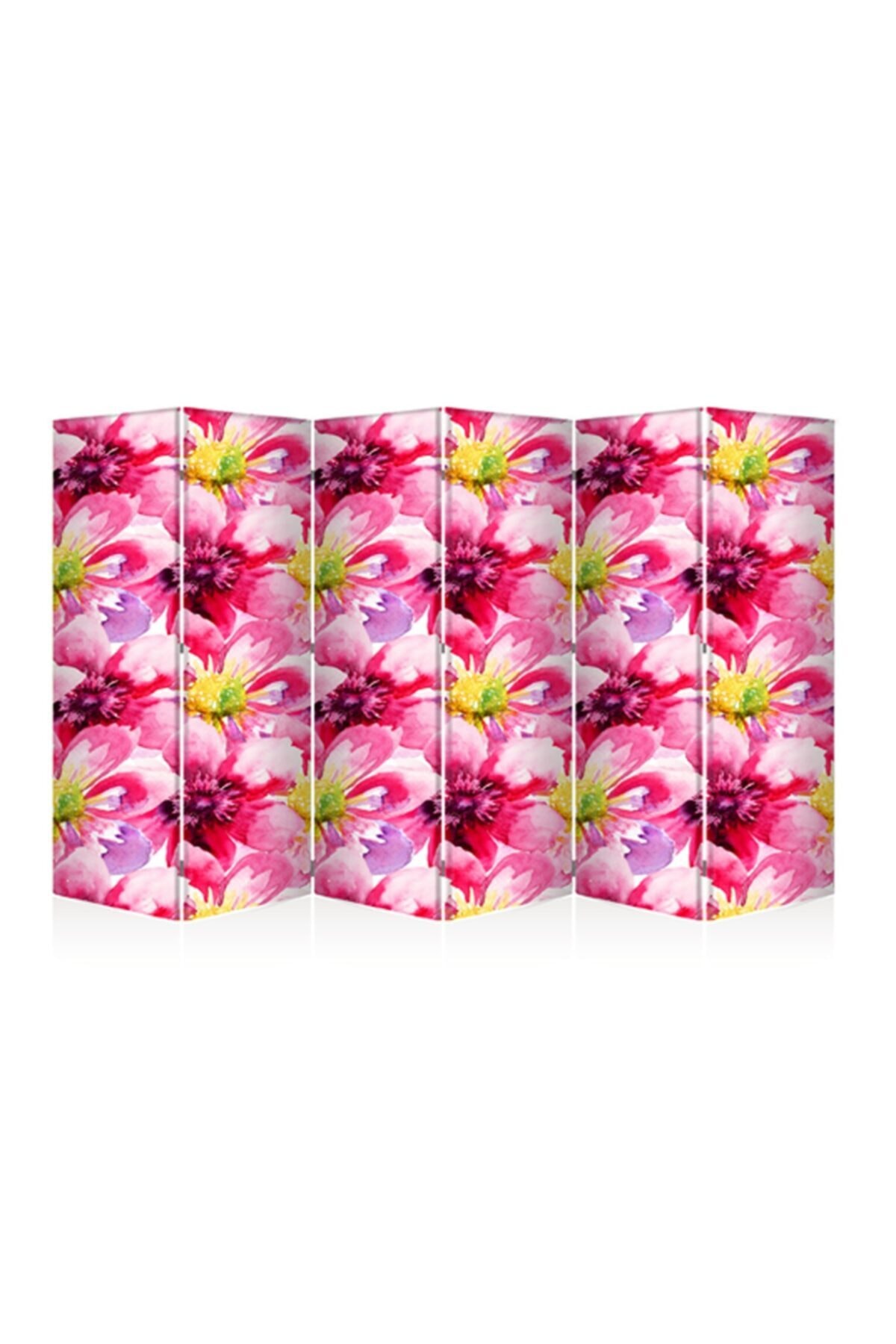 DECOBRITISH Pembe Çiçek 6 Kanat Çift Taraflı Tekerlekli Paravan 244x182 Cm-57