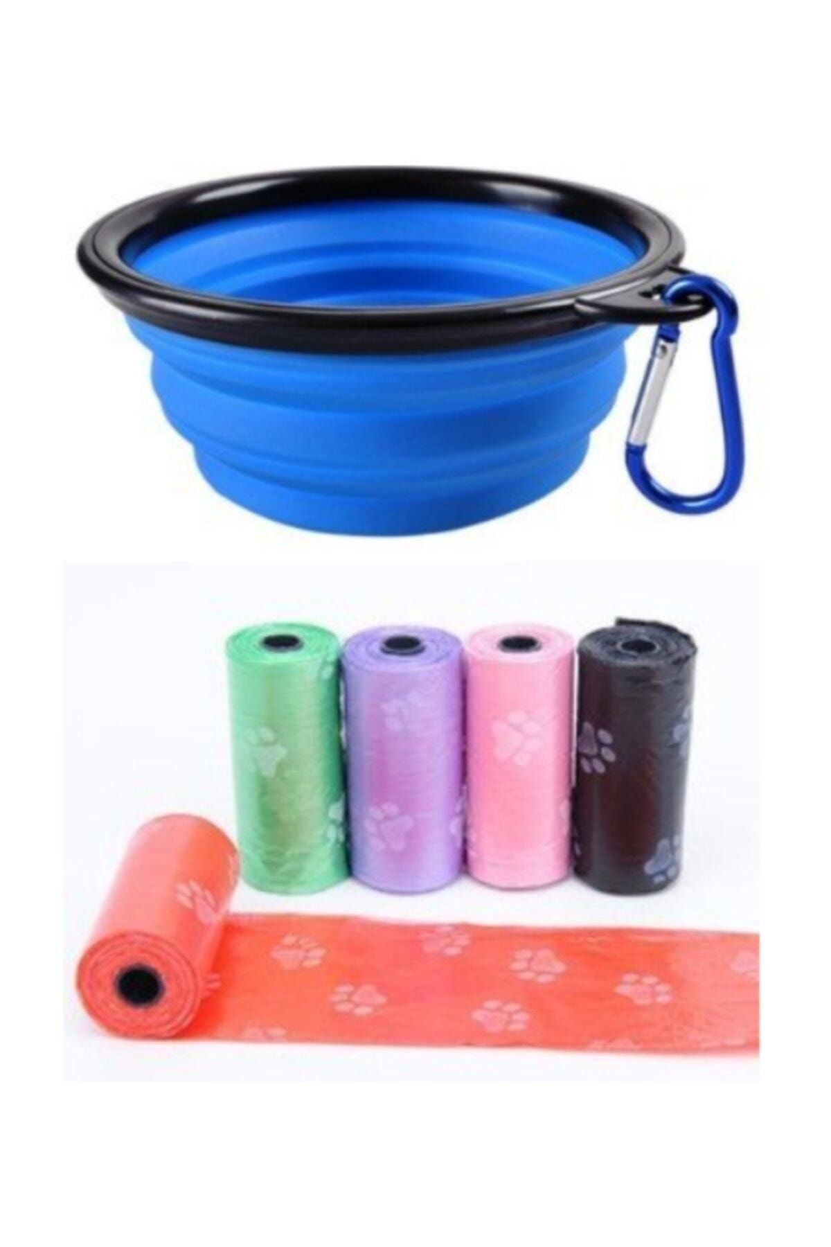 Pudra Katlanabilir Kedi Köpek Mama Ve Su Kabı & Köpek Kaka Poşeti 4 Lü Set