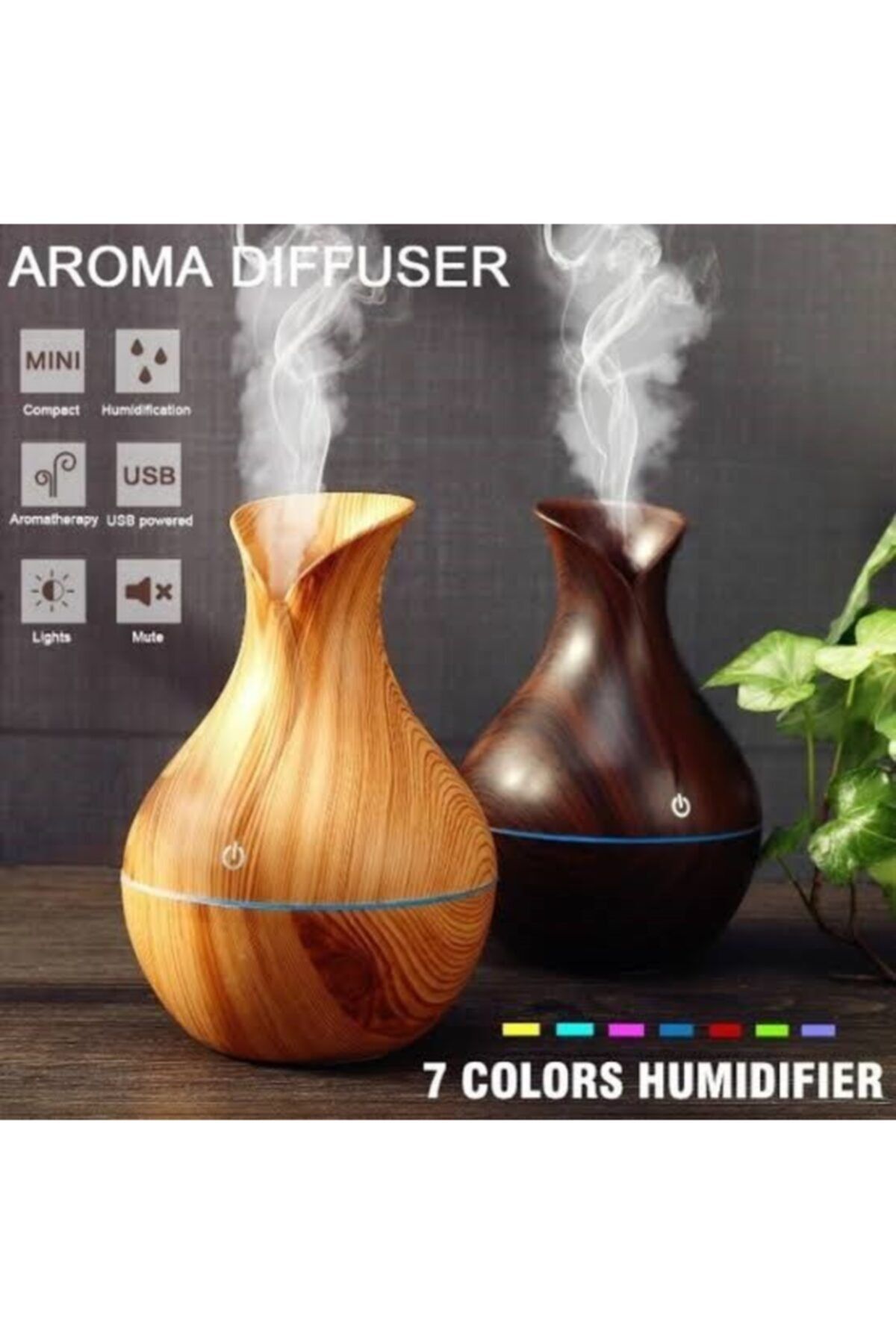 pazariz Hava Nemlendirici Esansiyel Yağı Difüzör Aroma Aromaterapi 7 Işıklı Buhar Makinesi 150ml