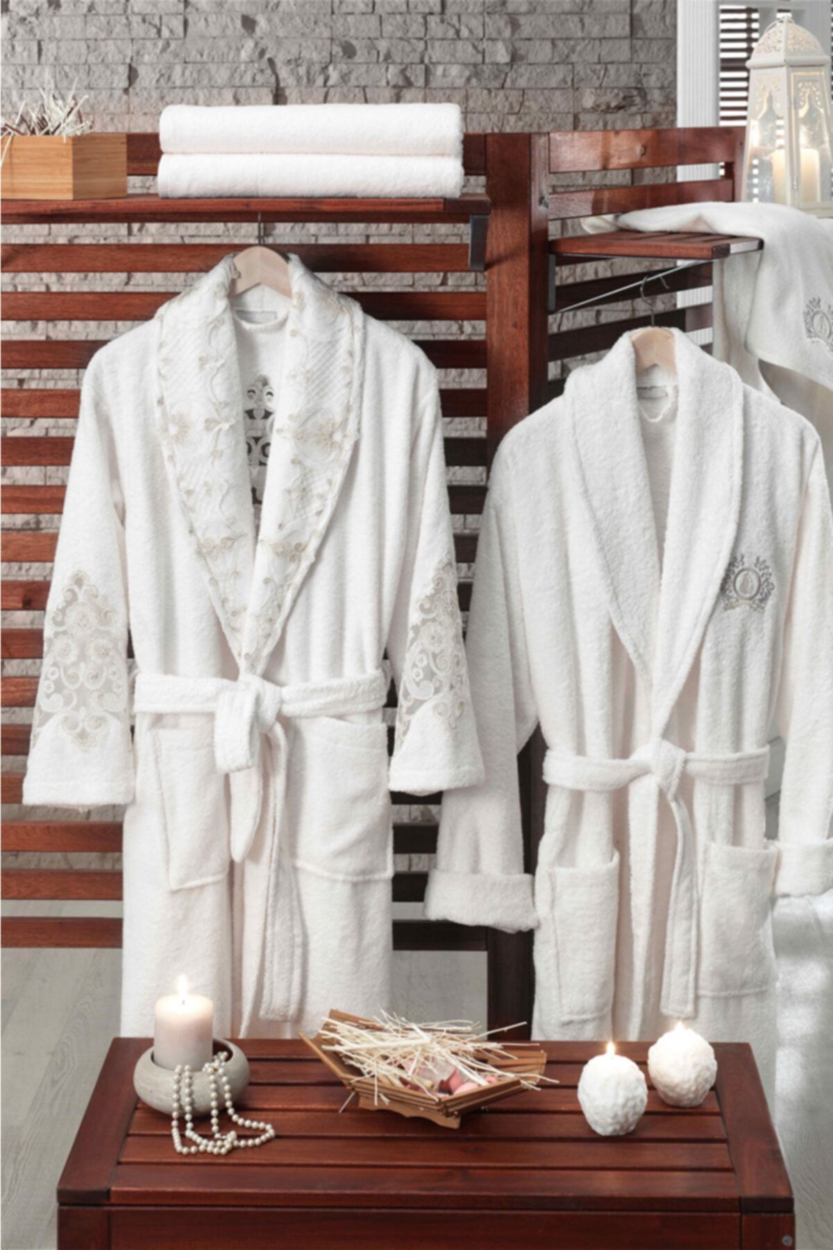 Dantela Unisex Krem Afrodit Güpürlü Bambu Bornoz Seti 8 Parça