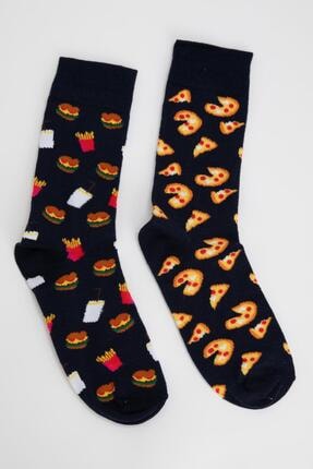 DeFacto Erkek Siyah Hamburger Ve Pizza Baskılı 2 Li Soket &Ccedil;orap