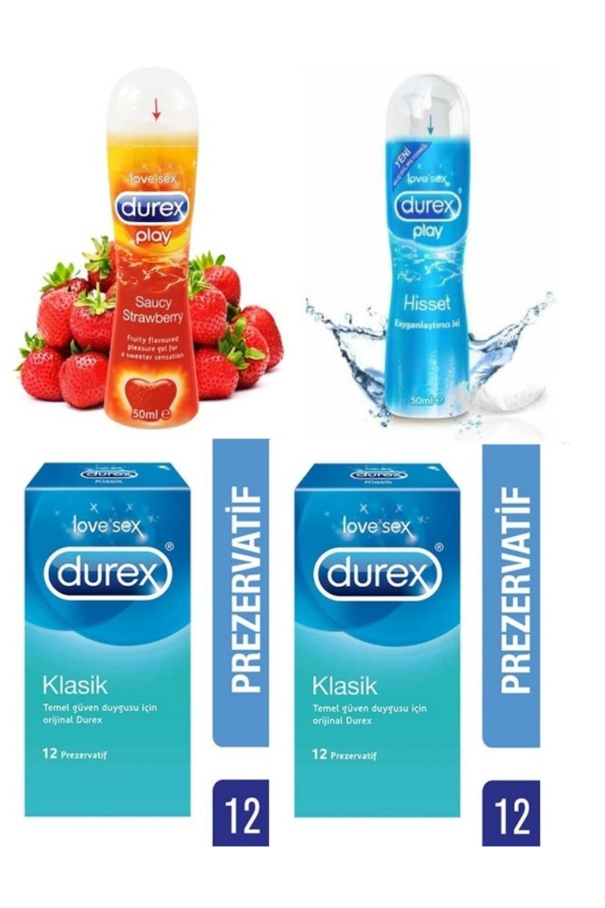 Durex Çilek Aromalı Kayganlaştırıcı 50 Ml+ Klasik Prezervatif 12 Li*2+ Play Su Bazlı 50 Ml
