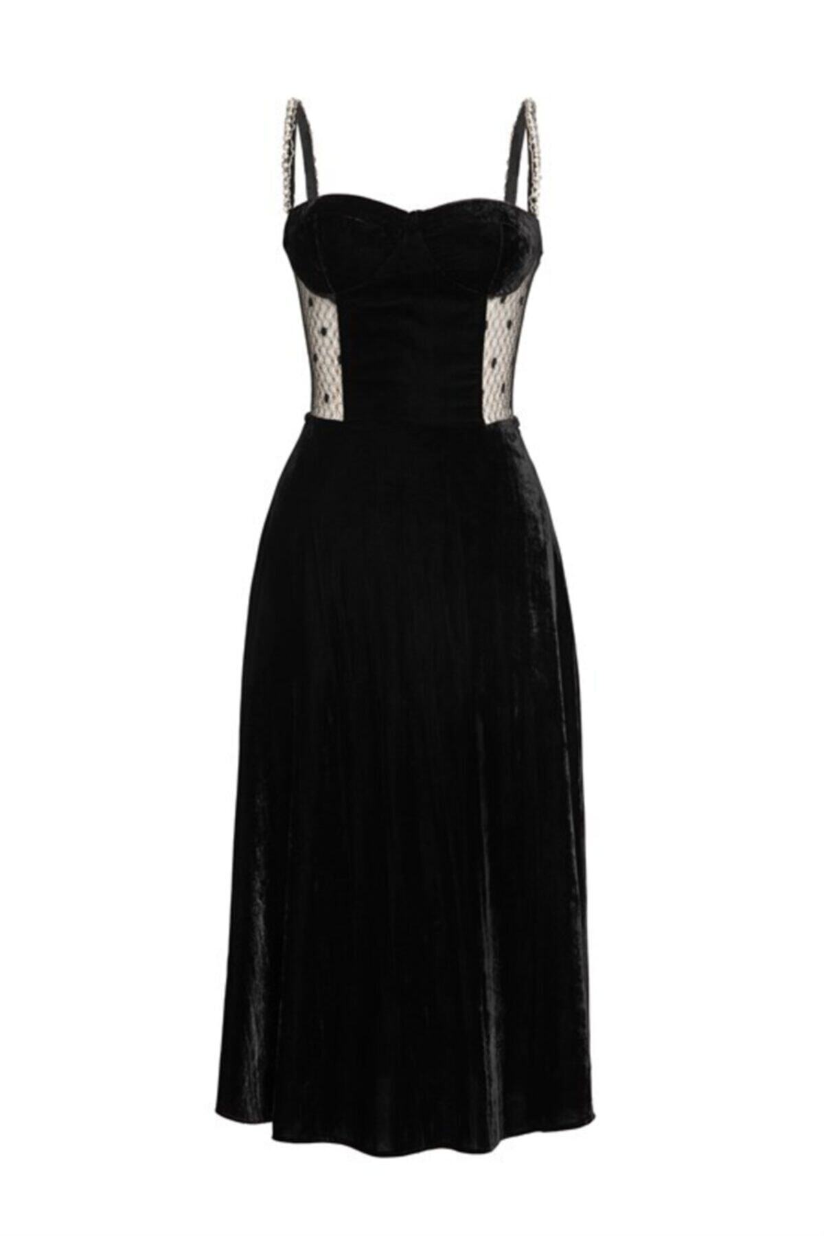 ZALA ALPASLAN Siyah Askıları Işlemeli Ipek Kadife Midi Elbise