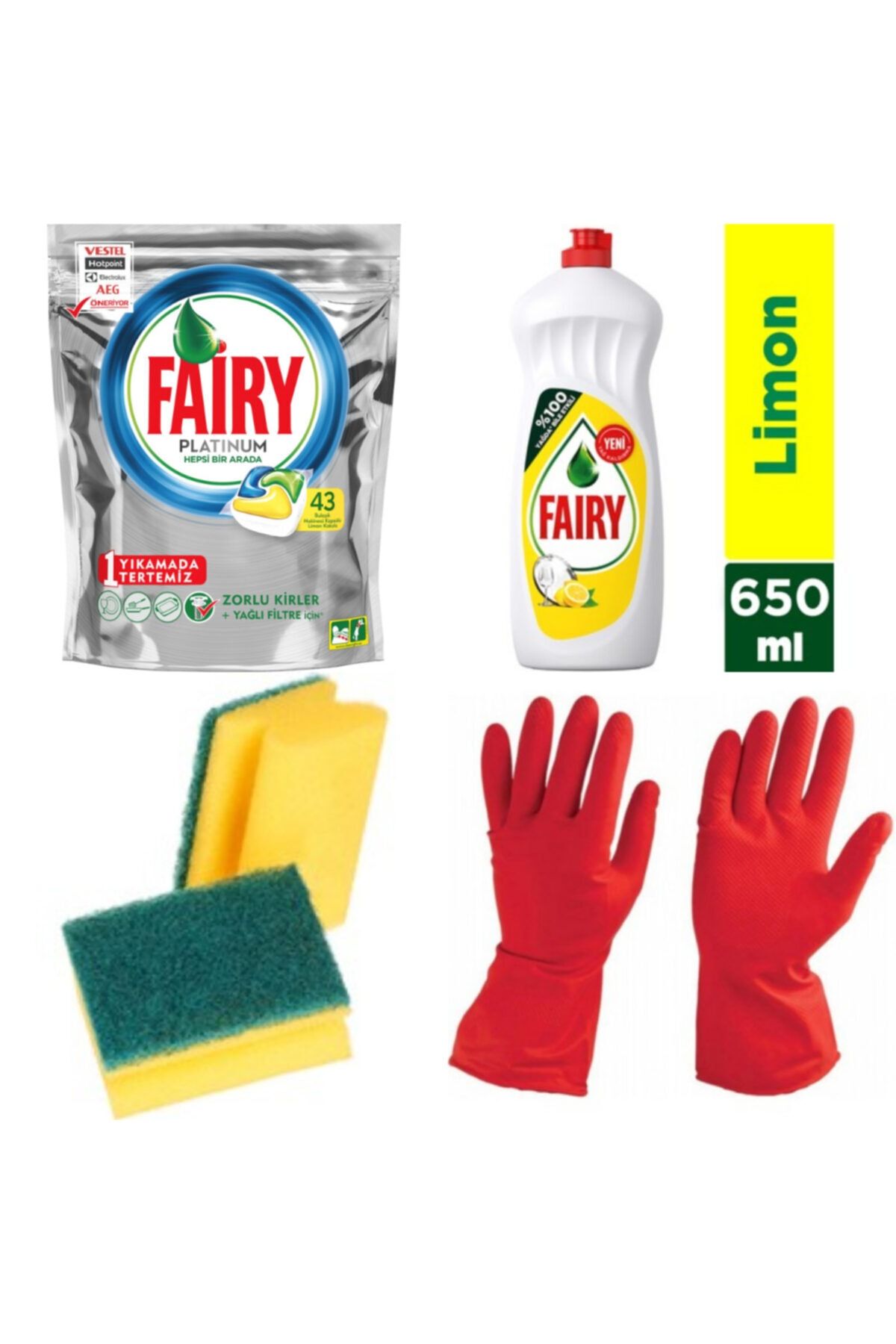 Fairy Platinum 43 Yıkama Bulaşık Makinesi Kapsülü+bulaşık Deterjanı 650 Ml+ Sünger Ve Eldiven