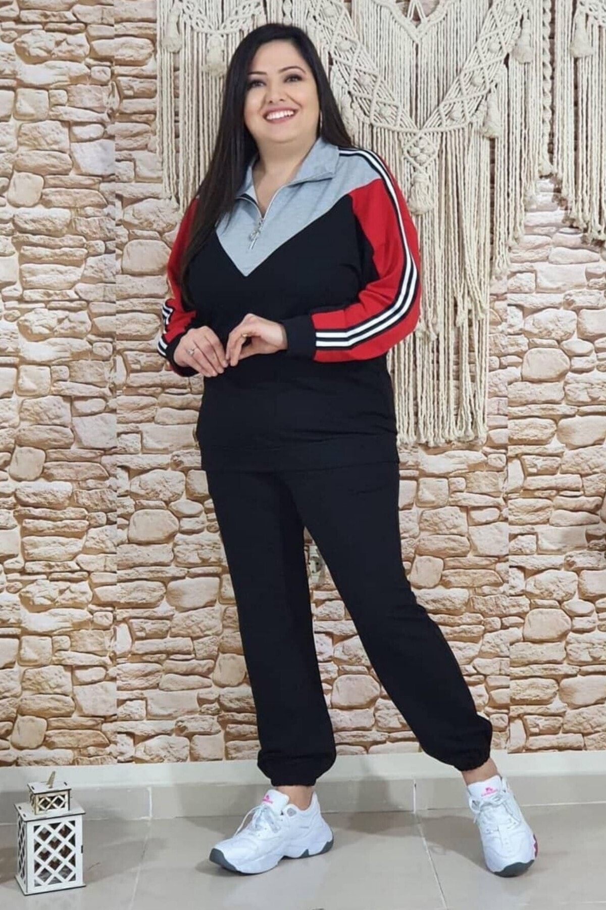 sinemisxxl Kadın Gri Kırmızı Siyah Pamuklu Eşofman Takımı