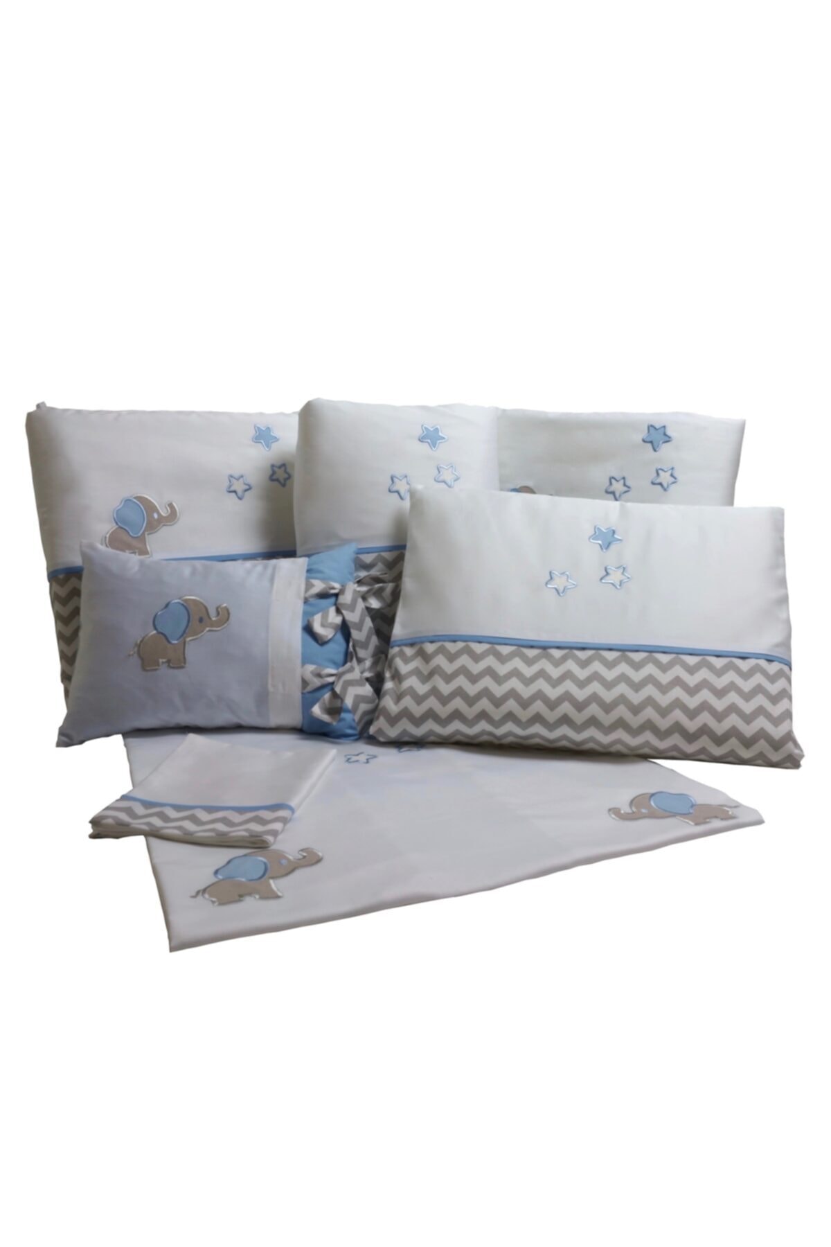 Pudradecor Küçük Fil Mavi Gri Zigzaglı Bebek Uyku Seti 60x120 Cm