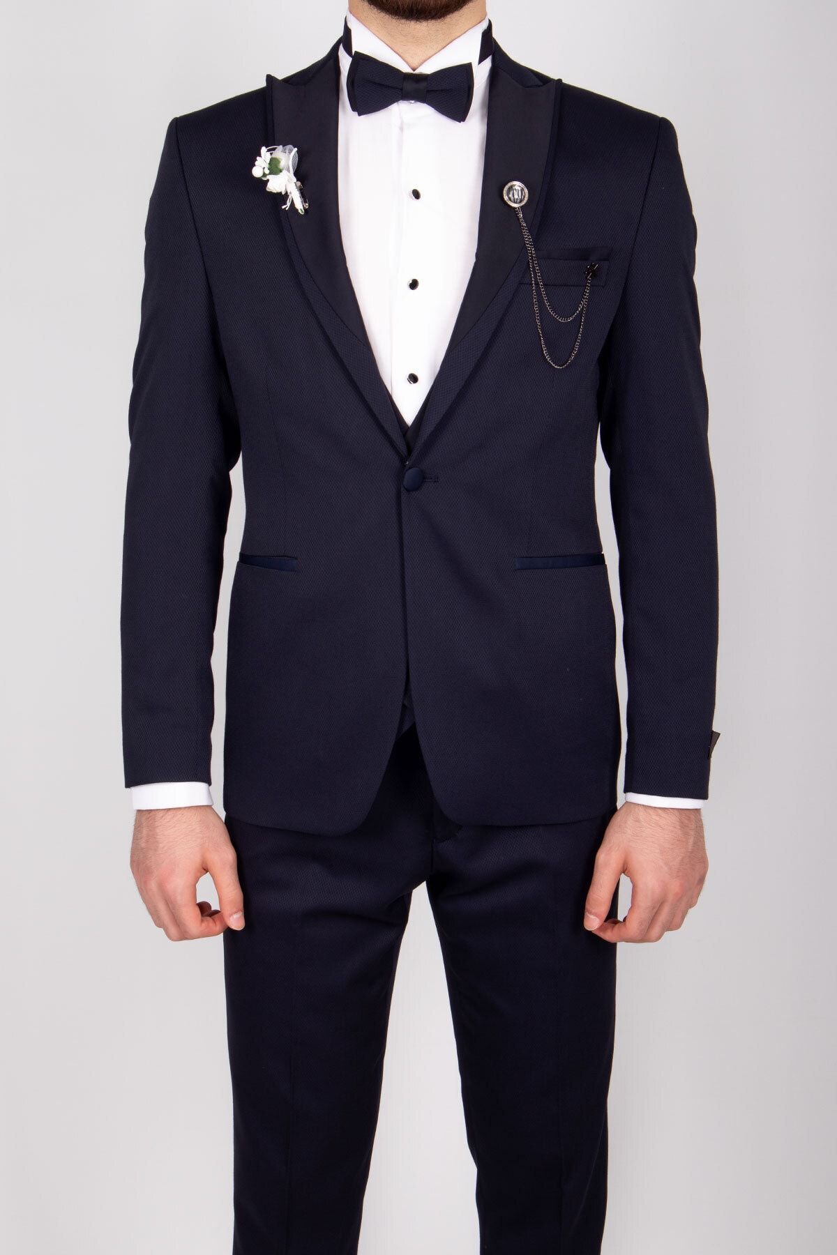 ZAYFA Lacivert Armürlü Slim Fit Yelekli Smokin Damatlık