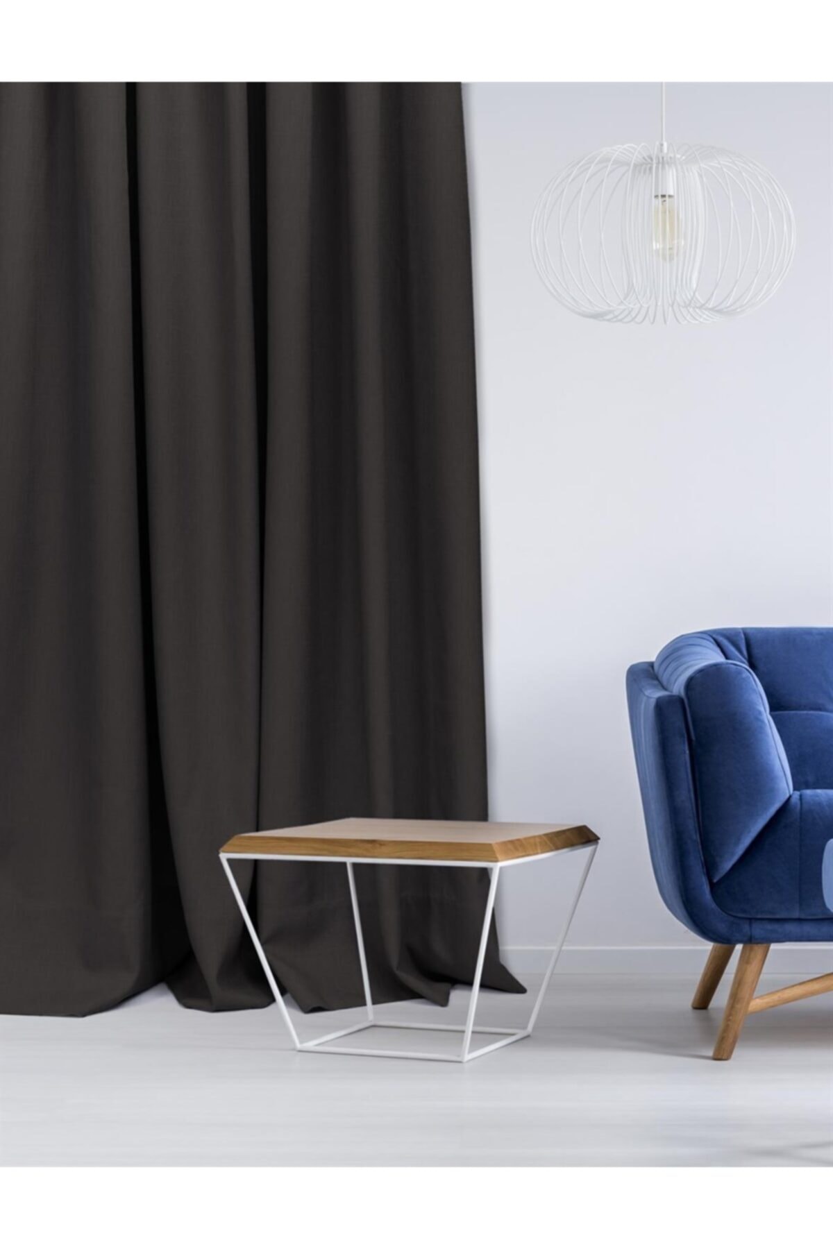 C&SARI Design Antrasit Keten Görünümlü Fon Perde Ipli Pile