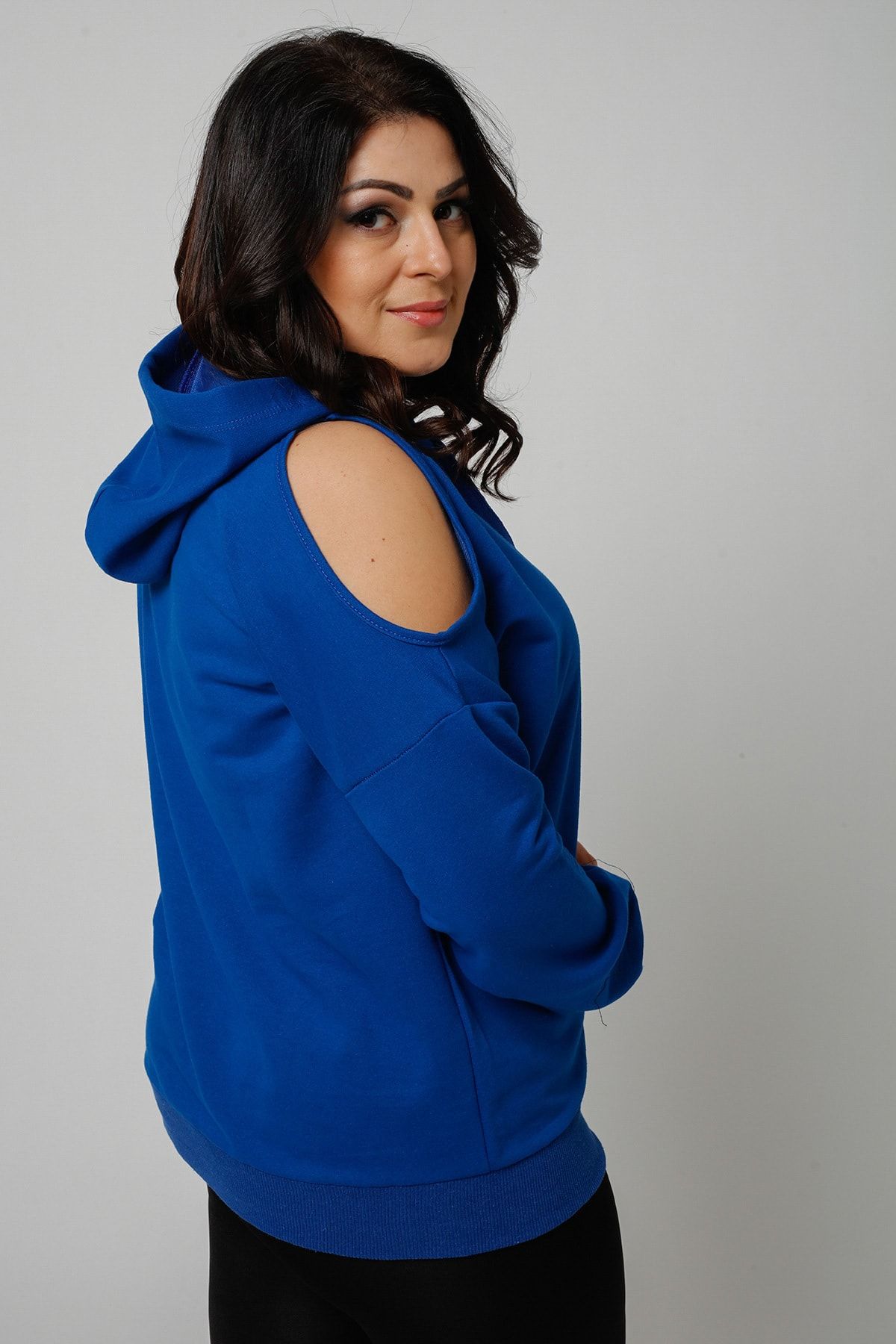 Ebsumu Kadın Büyük Beden Omuz Dekolteli Kapüşonlu Mavi Sweatshirt