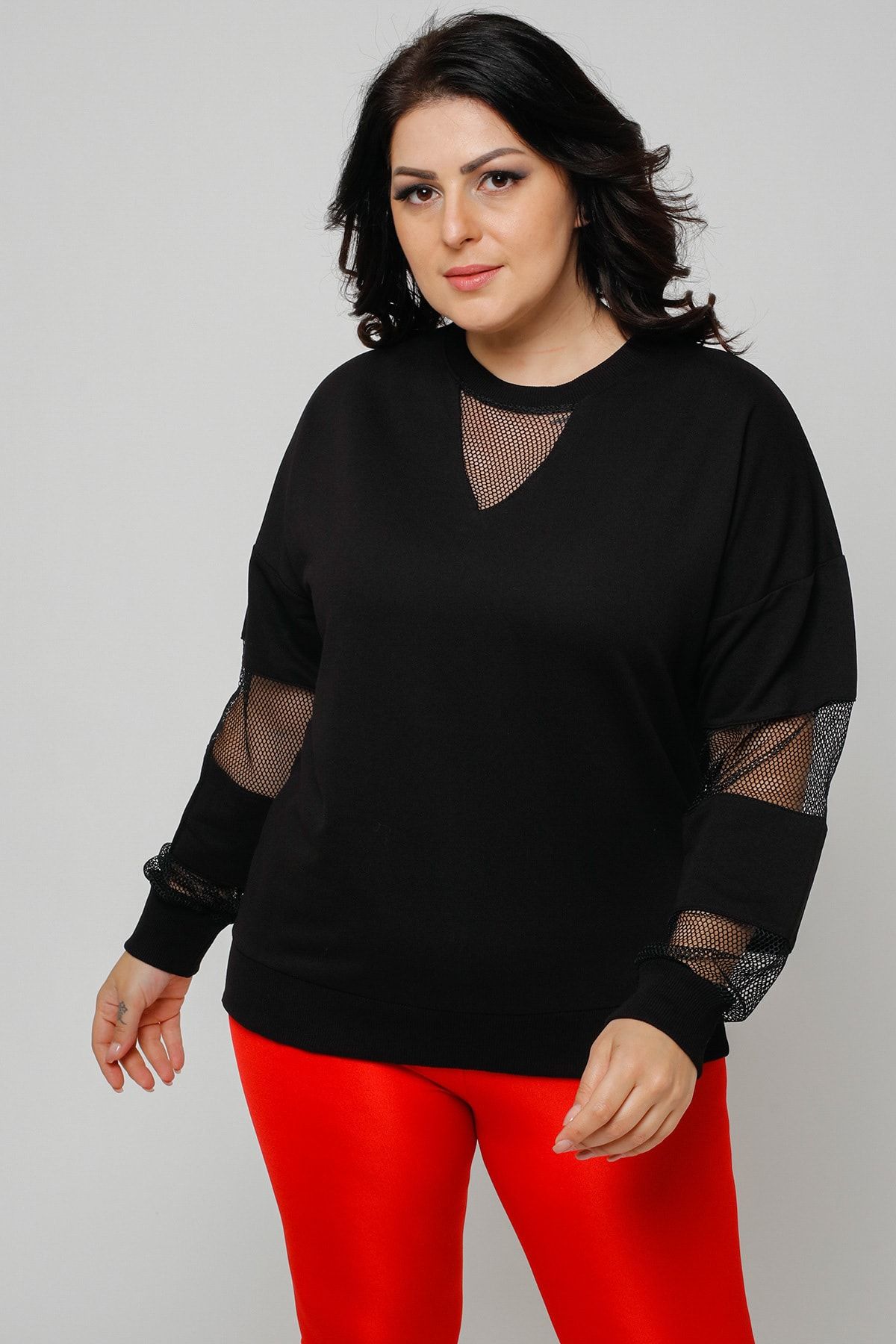 Ebsumu Kadın Büyük Beden Kol Ve Yaka File Detaylı Siyah Sweatshirt