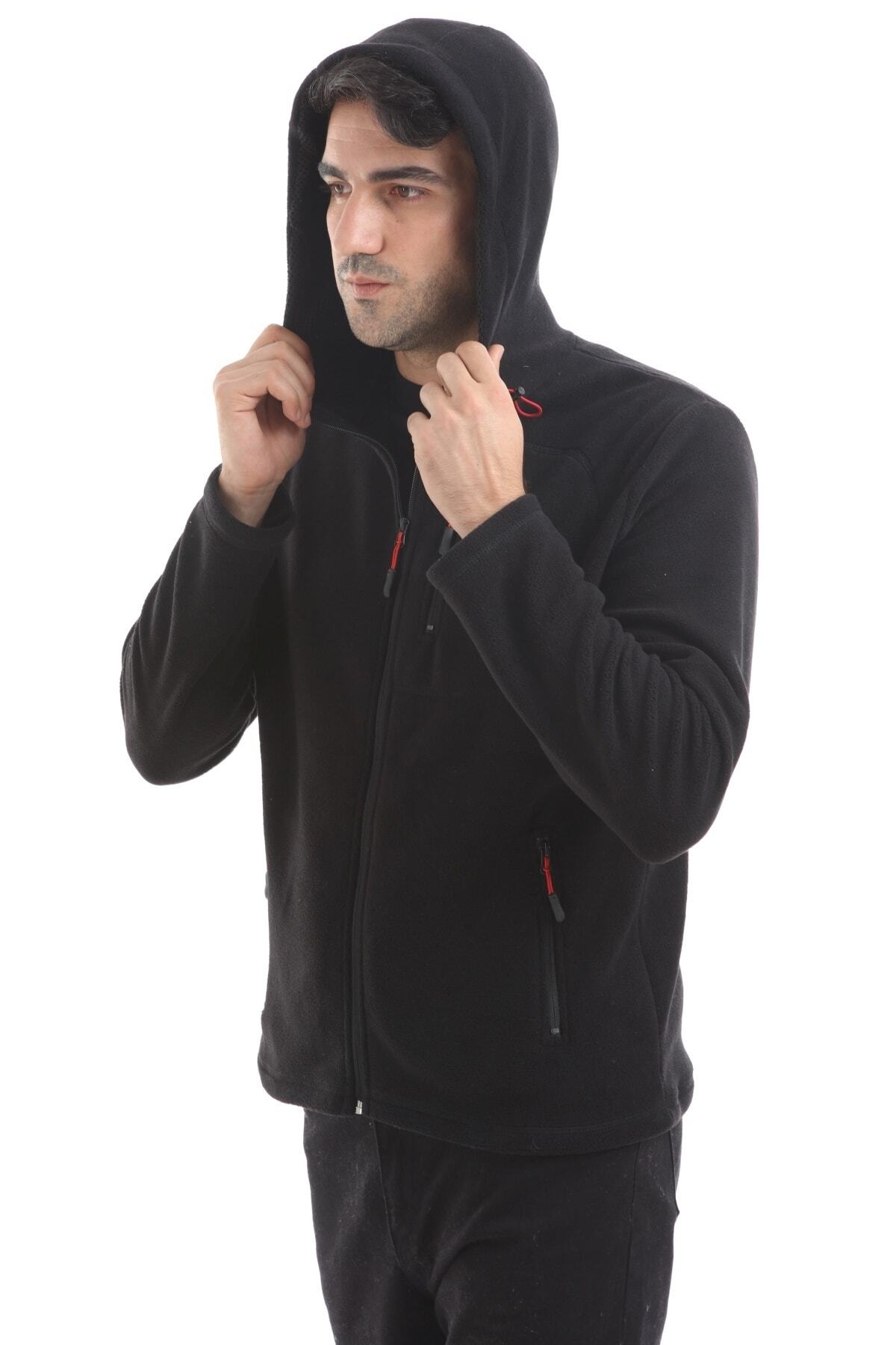 Honest Store Unisex Siyah Üç Cepli Fermuarlı Kapşonlu Polar