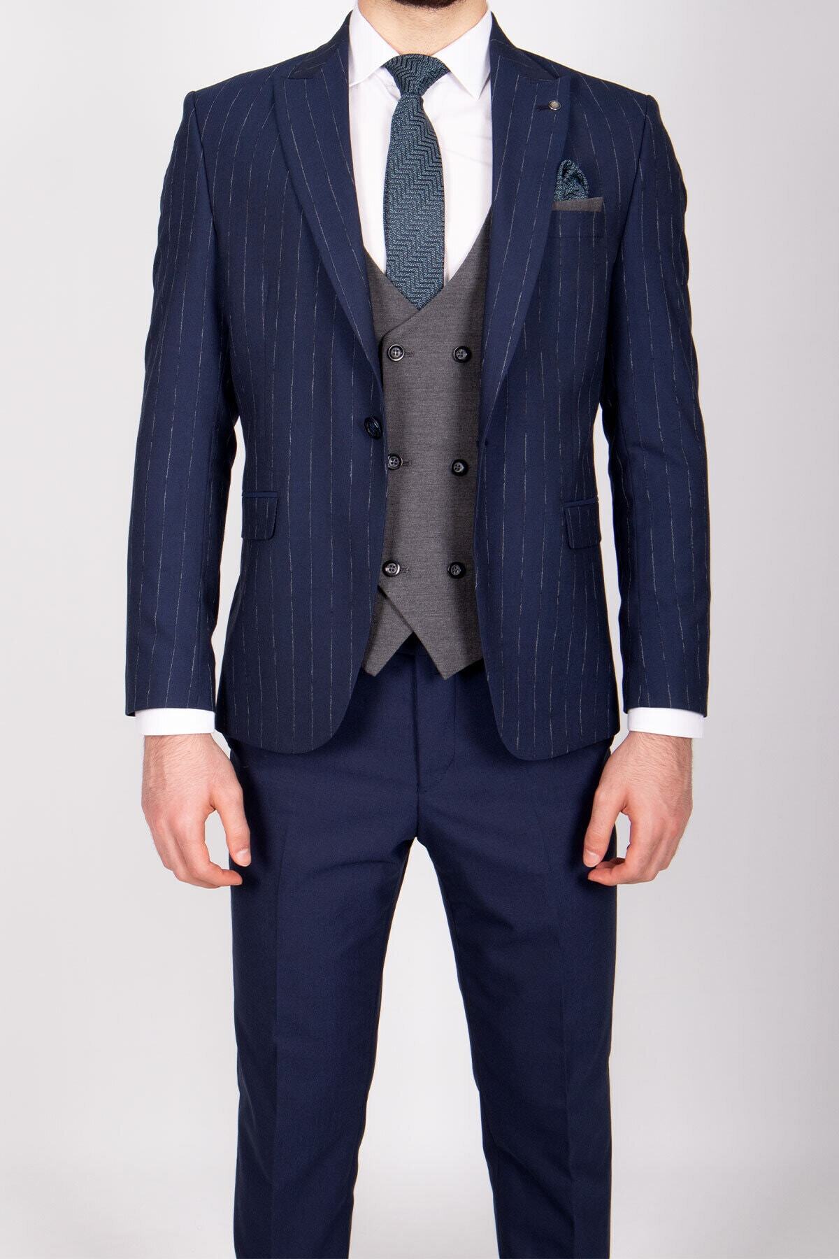 ZAYFA Lacivert Çizgili Slim Fit Yelekli Kombin Erkek Takım