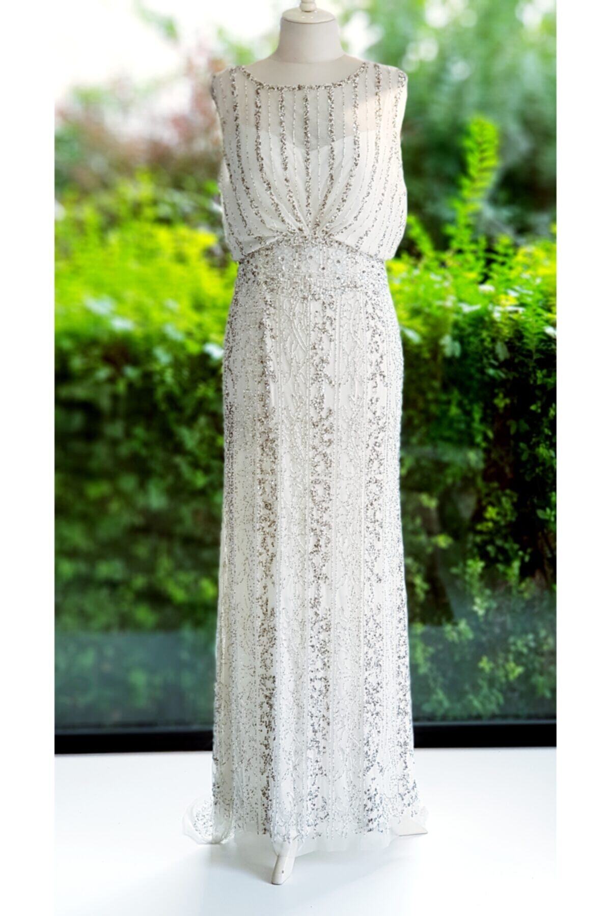 DUPİON Kırık Beyaz Renk Helen Model Gümüş,beyaz Boncuk Işlemeli Kolsuz Elbise