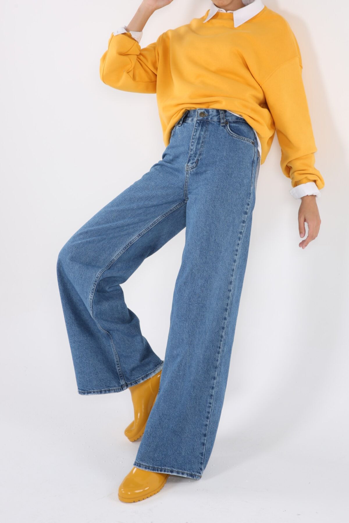 ALLDAY Mavi01 Ispanyol Paça Fermuarlı Düğmeli Cepli Denim Pantolon
