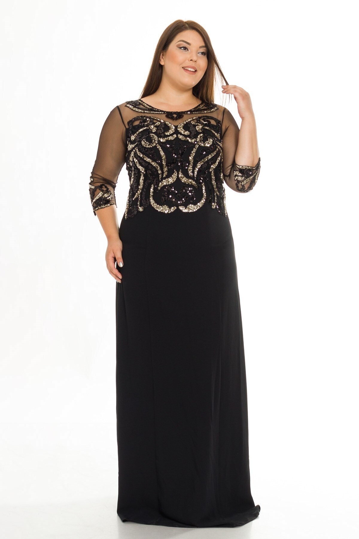 Lila 9201 Pulpayet Işlemeli Tül Kol Uzun Elbise