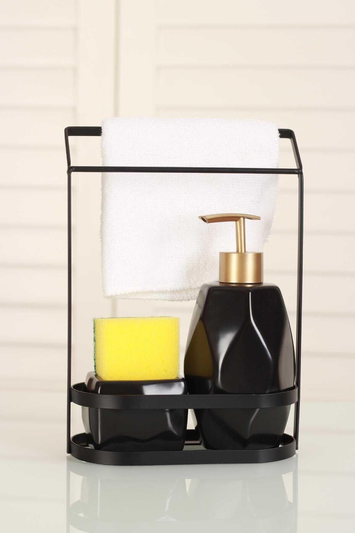 ACAR Belly Seramik Metal Stand Süngerli Sıvı Sabunluk Siyah