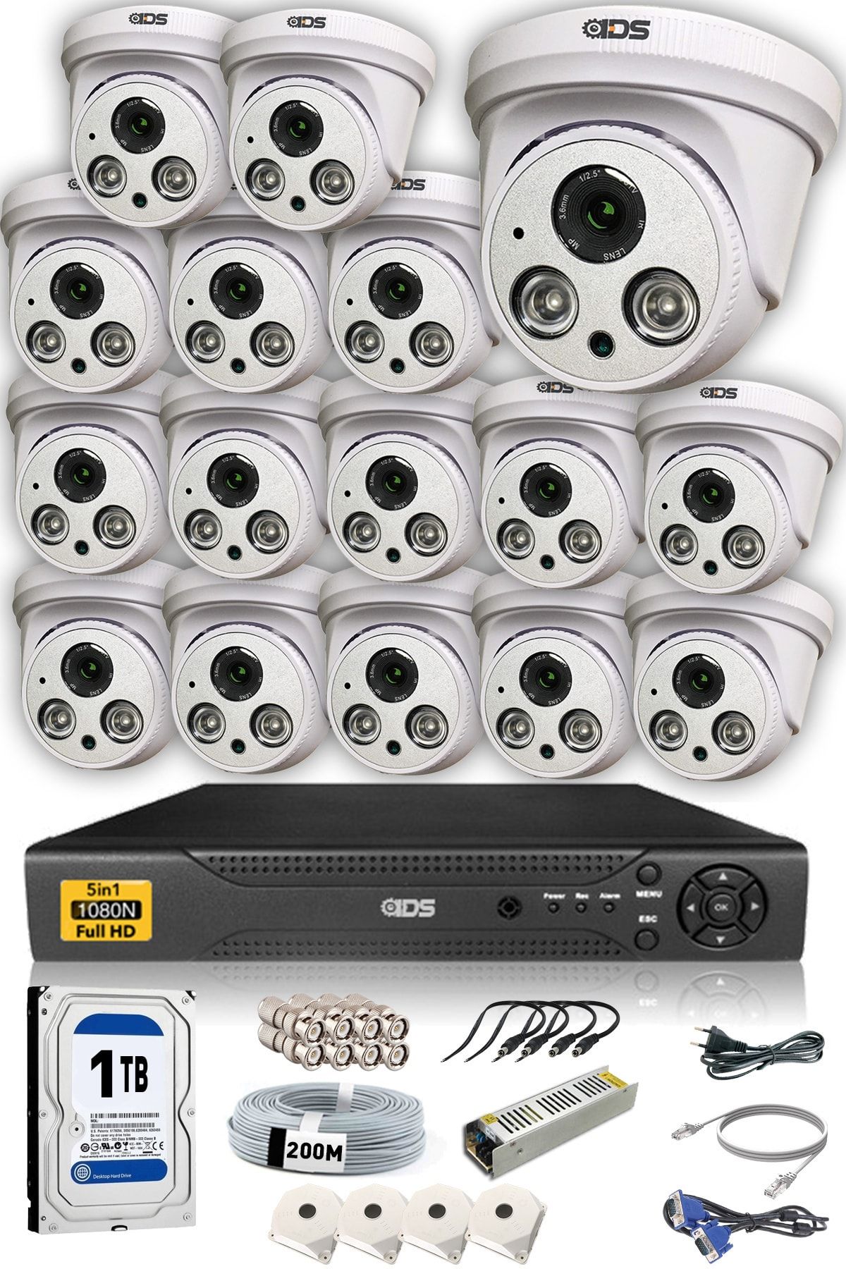 IDS 16 Kameralı 5mp Lensli 1080p Full Set Güvenlik Kamerası Seti Kolay Cepten Izle Sabit Ip Istemez