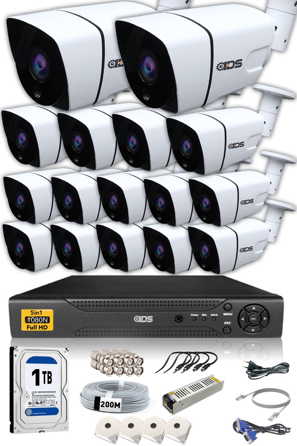 IDS 16 Kameralı 5mp Lensli 1080p Fullhd Kamera Seti - Gece Görüşlü - Su Geçirmez - Cepten Izle