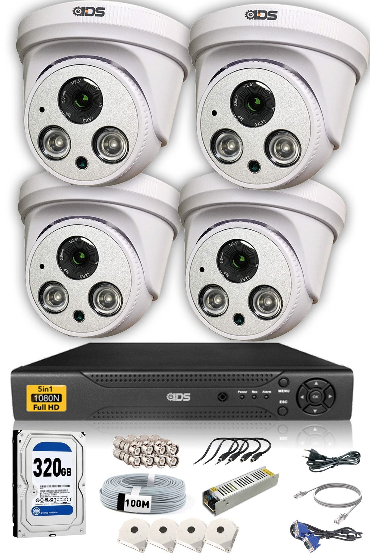 IDS 4 Kameralı 5mp Lensli 1080p Full Set Güvenlik Kamerası Seti Kolay Cepten Izle Sabit Ip Istemez