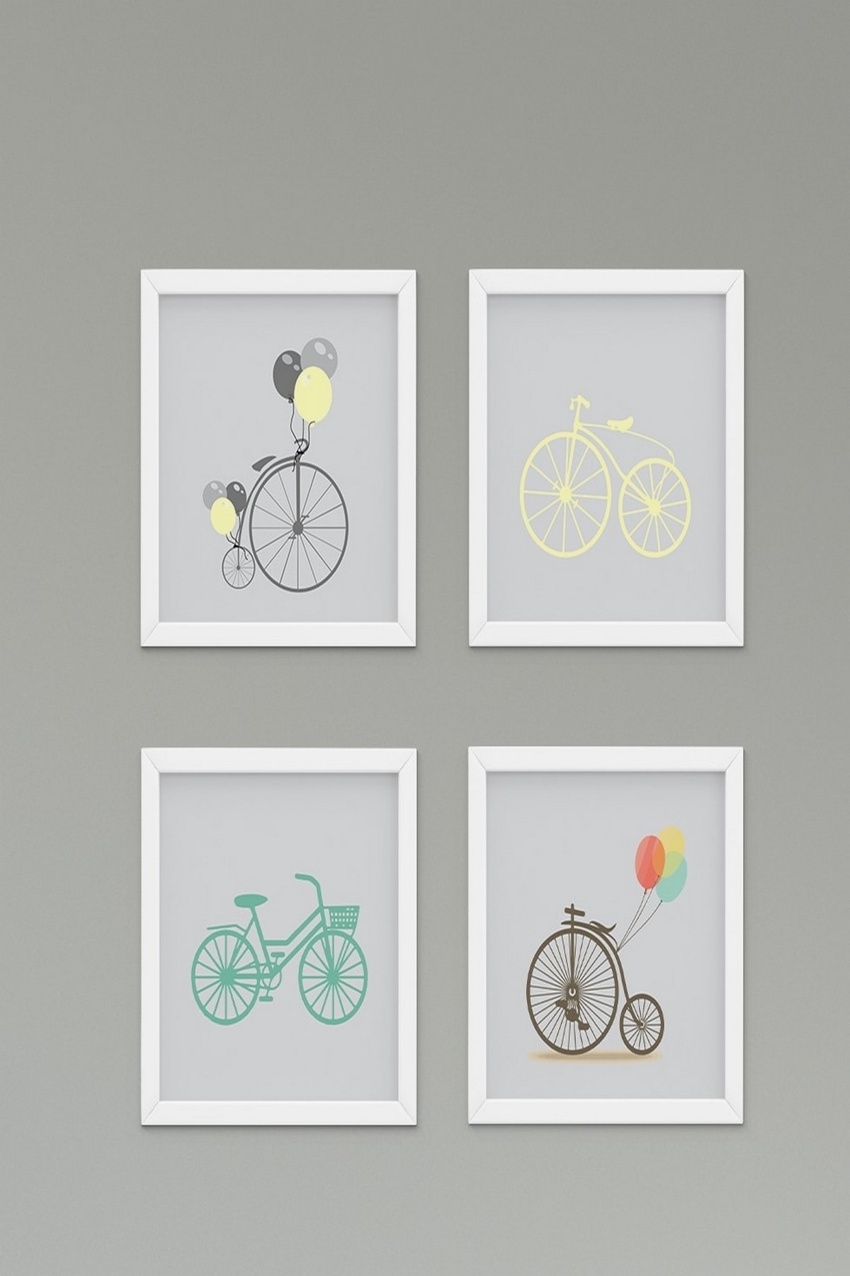 CİCİ TASARIM ÜRÜNLERİ 4lü Bisiklet Balon Bulut Çocuk Bebek Odası Duvar Tablo