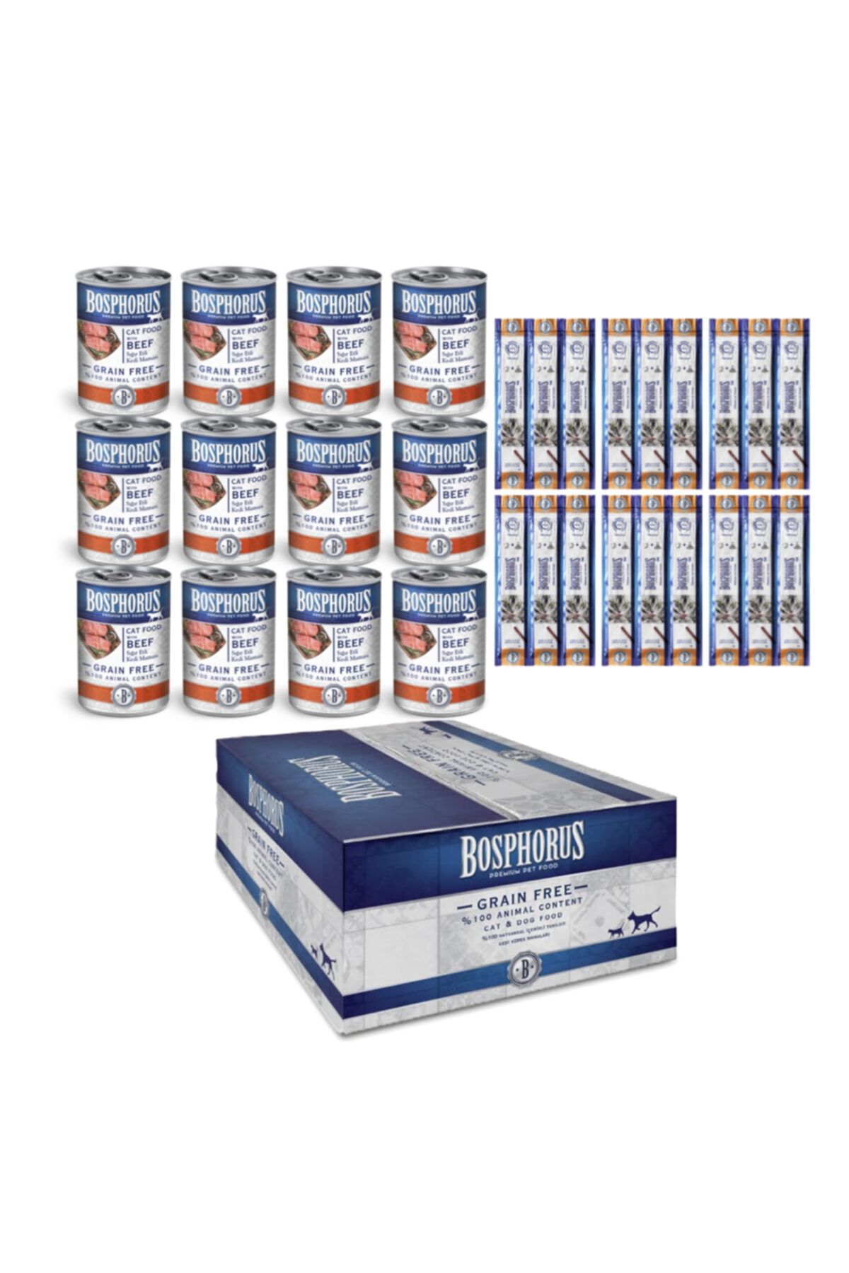 Bosphorus Sığır Etli Kedi Konservesi 12x415gr + Hindi Etli Ve Mayalı Kedi Ödül Çubuğu 6 Adet 3'lü Paket