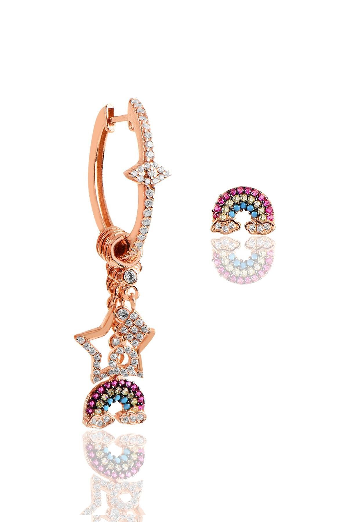 Söğütlü Silver Gümüş Rose Gök Kuşağı Modeli Şans Küpe