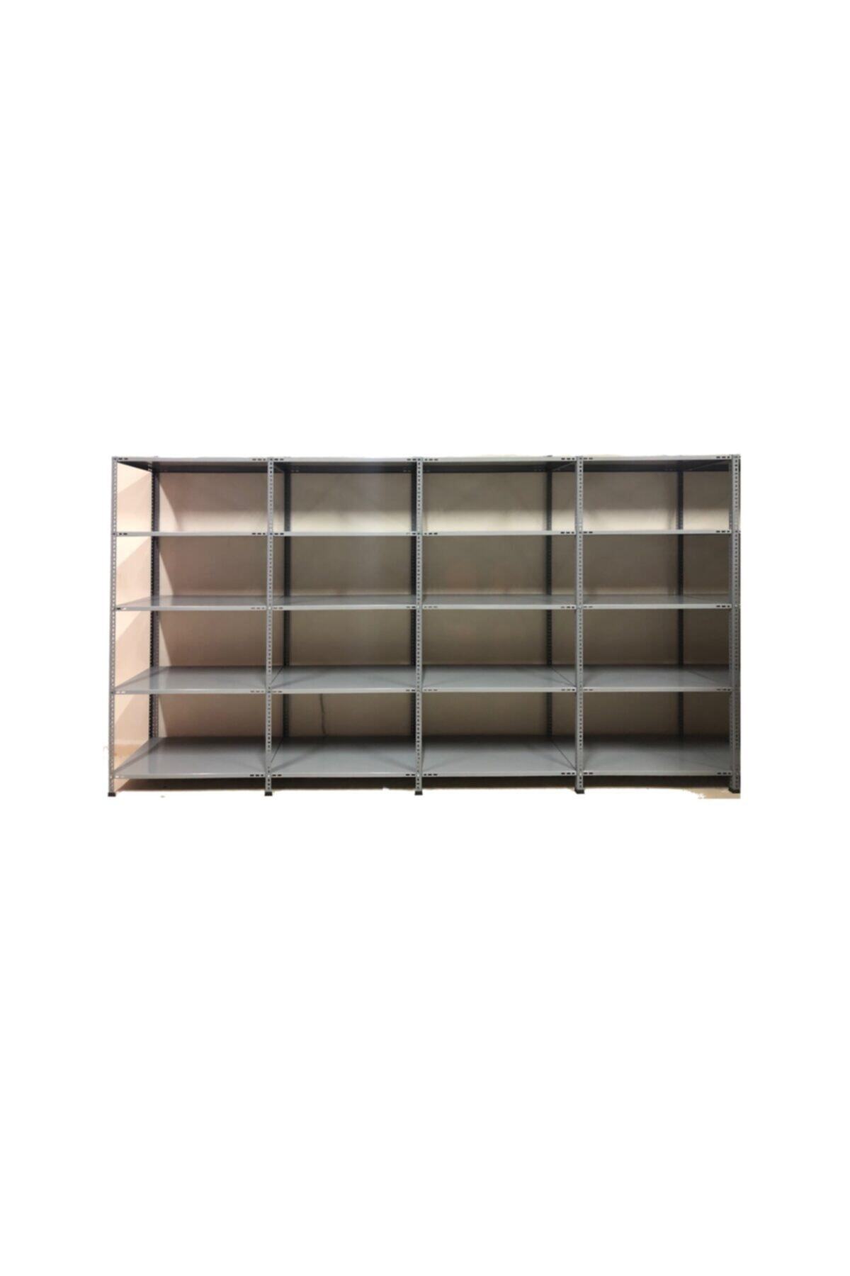 AçıkMağazam Güneyraf 5 Katlı 4lü Bitişik Galvaniz Üzeri Fırın Boya Gri Çelik Raf Arşiv Depo Kiler Rafı 43x60x200