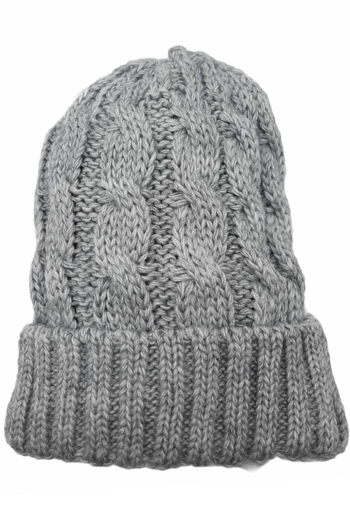QNİAY Unisex Gri Zincir Örgü Desenli Katlanabilir Triko Örgü Bere