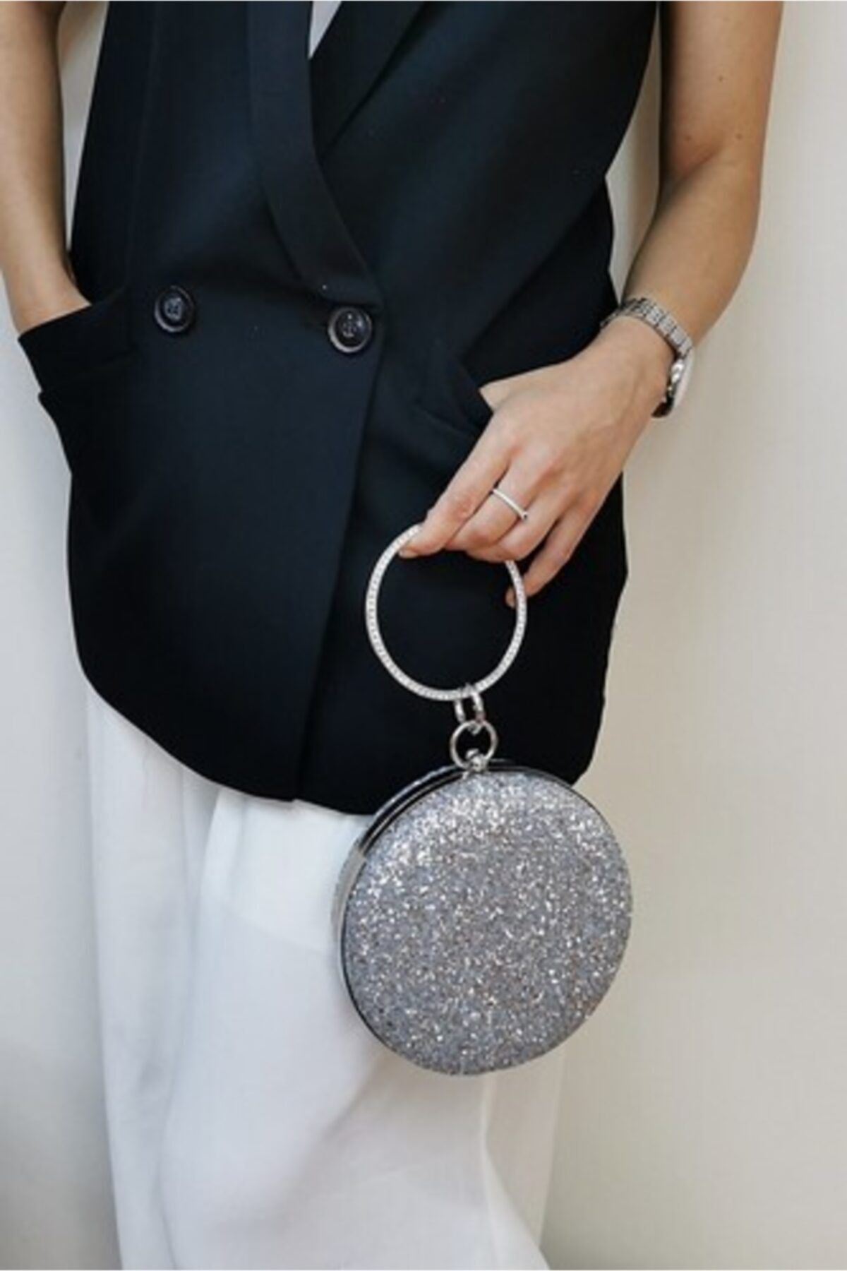 NAZART Kadın Gümüş Pullu Yuvarlak Clutch Abiye Çanta