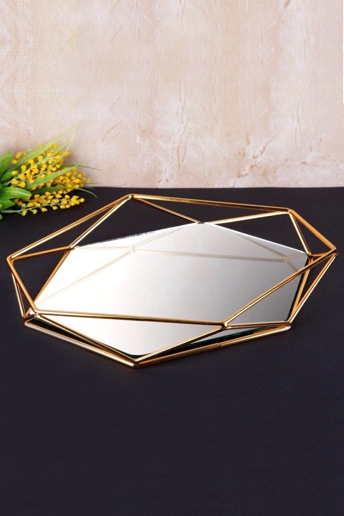Fekare Prizma Aynalı Gold Yüzük Nişan Tepsisi (30x35cm)