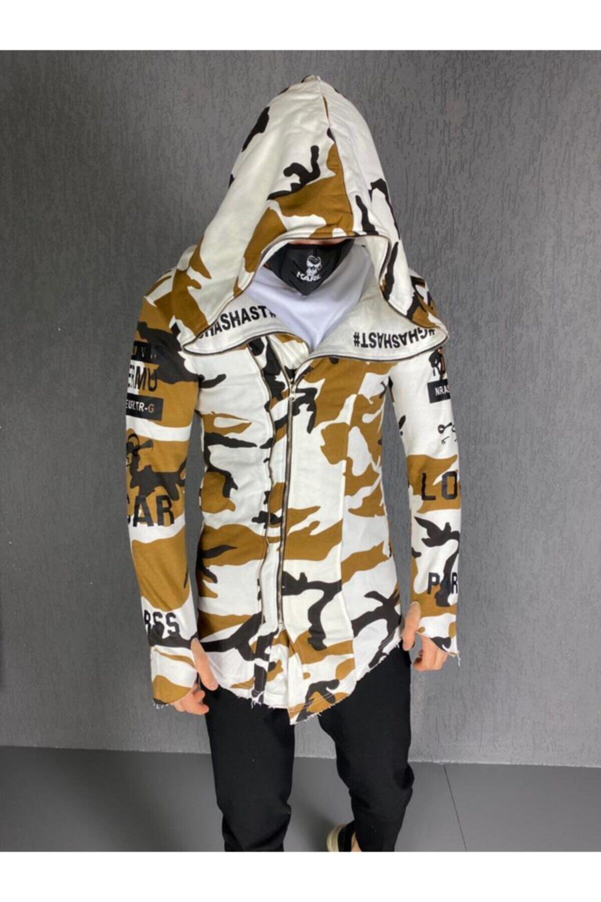 Athletic Time Unisex Kahverengi Fermuarlı Baskılı Panço
