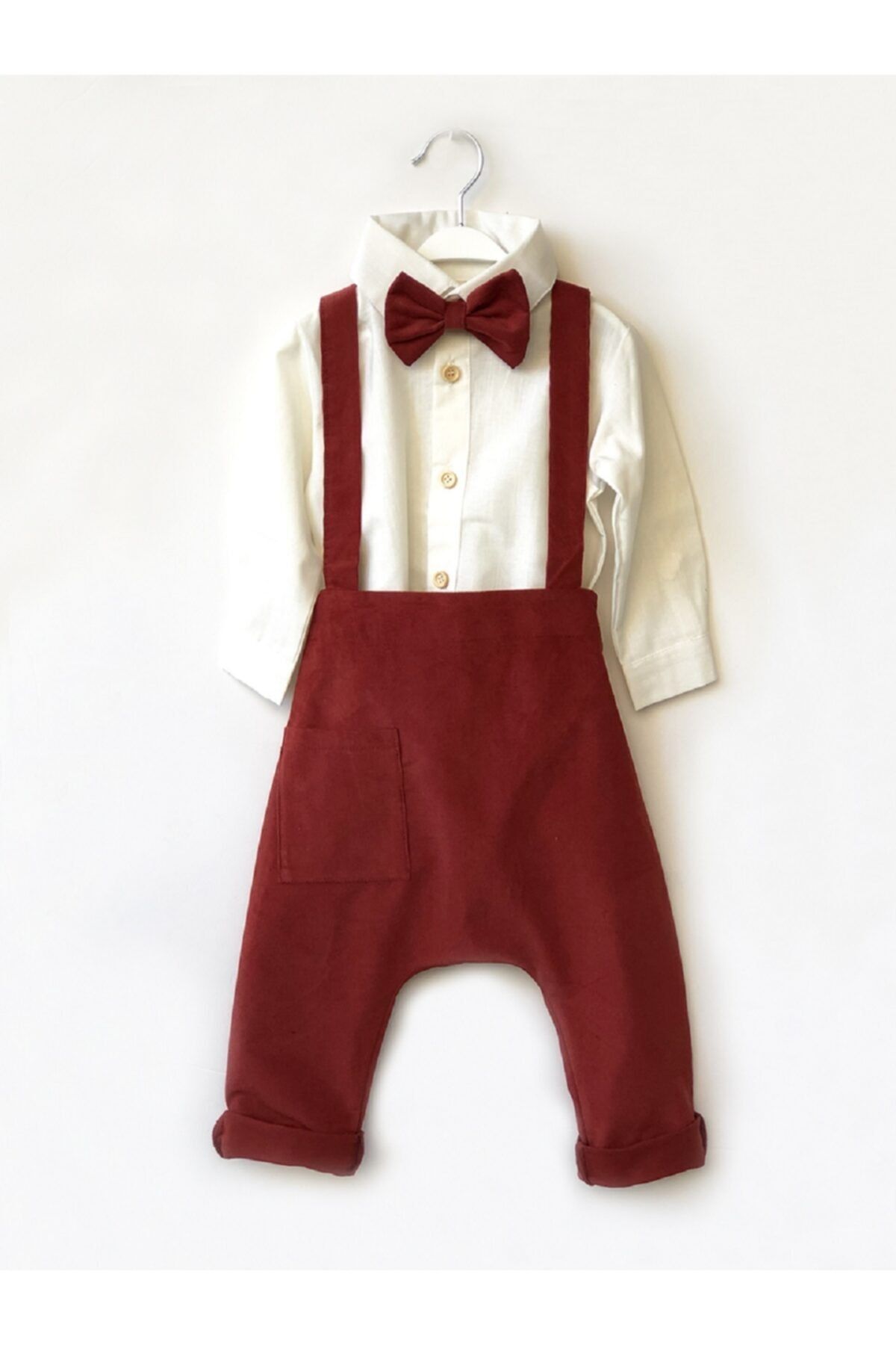 Catz Kids Bordo Kadife Harem Salopet & Klasik Uzun Kollu Keten Gömlek &papyon