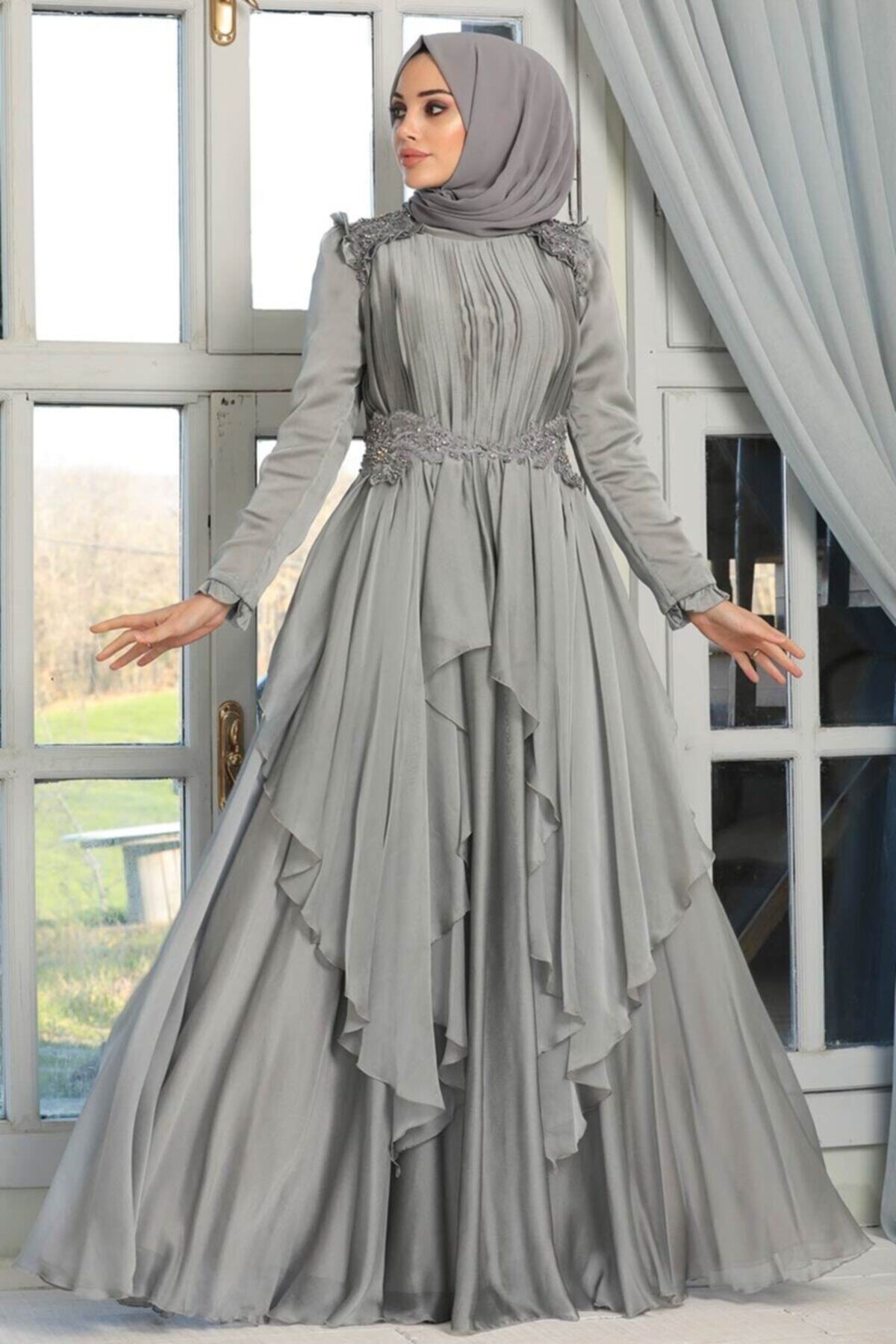 Neva Style Tesettür Abiye Elbise - Fırfır Detaylı Gri Tesettür Abiye Elbise 21850gr