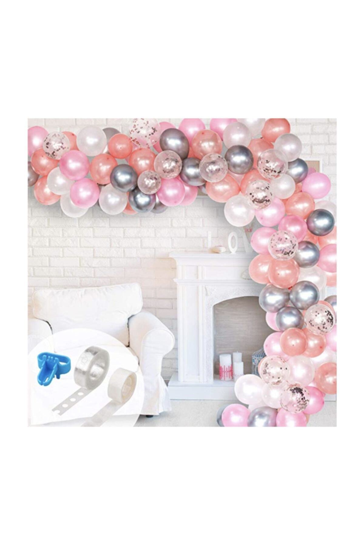 BALON PARTİ Rose, Pembe,beyaz,gümüş Konfetili Zincir Balon Seti