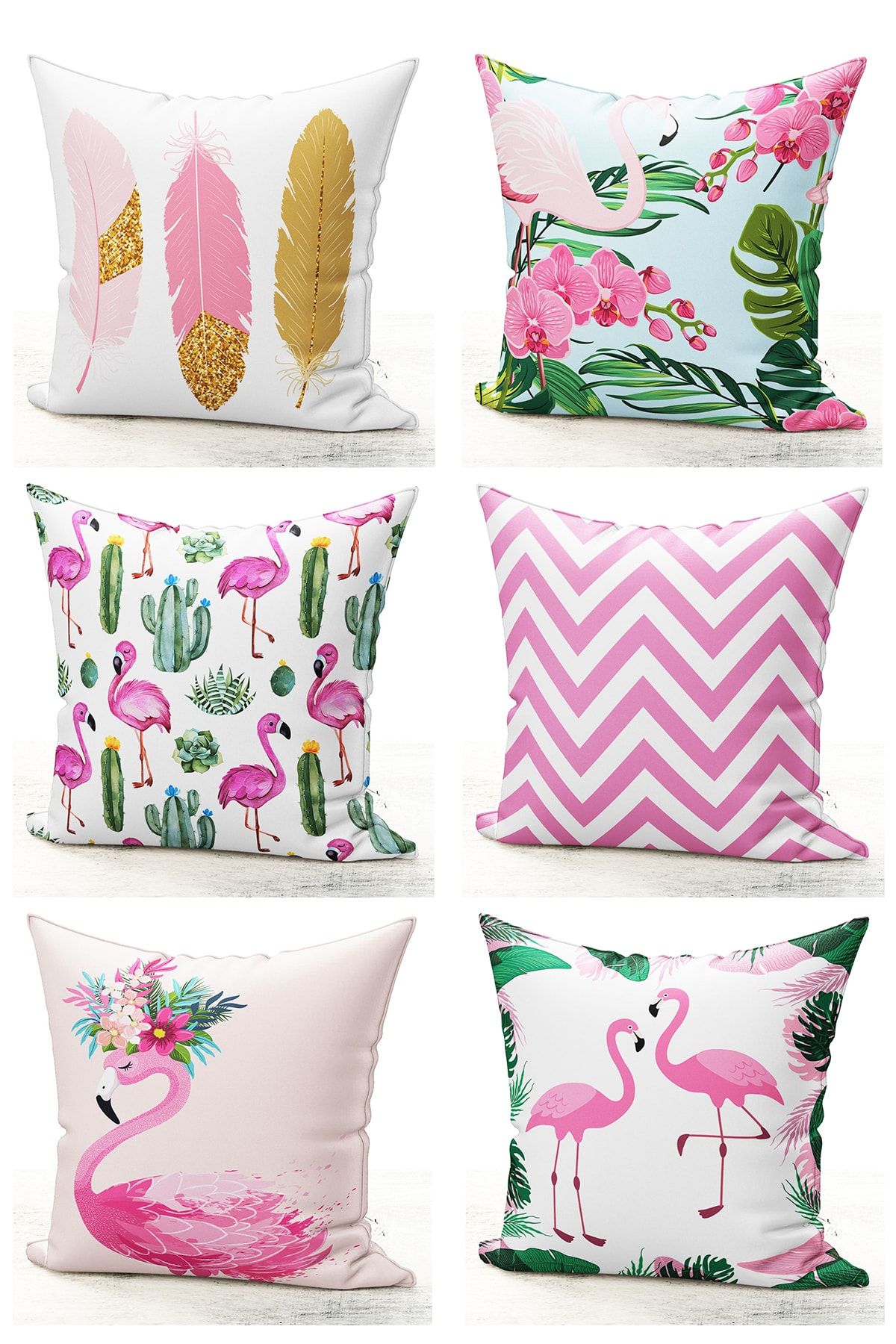 Bk Home Dekor Modern Flamingo Desen 6'lı Kırlent Kılıf Seti