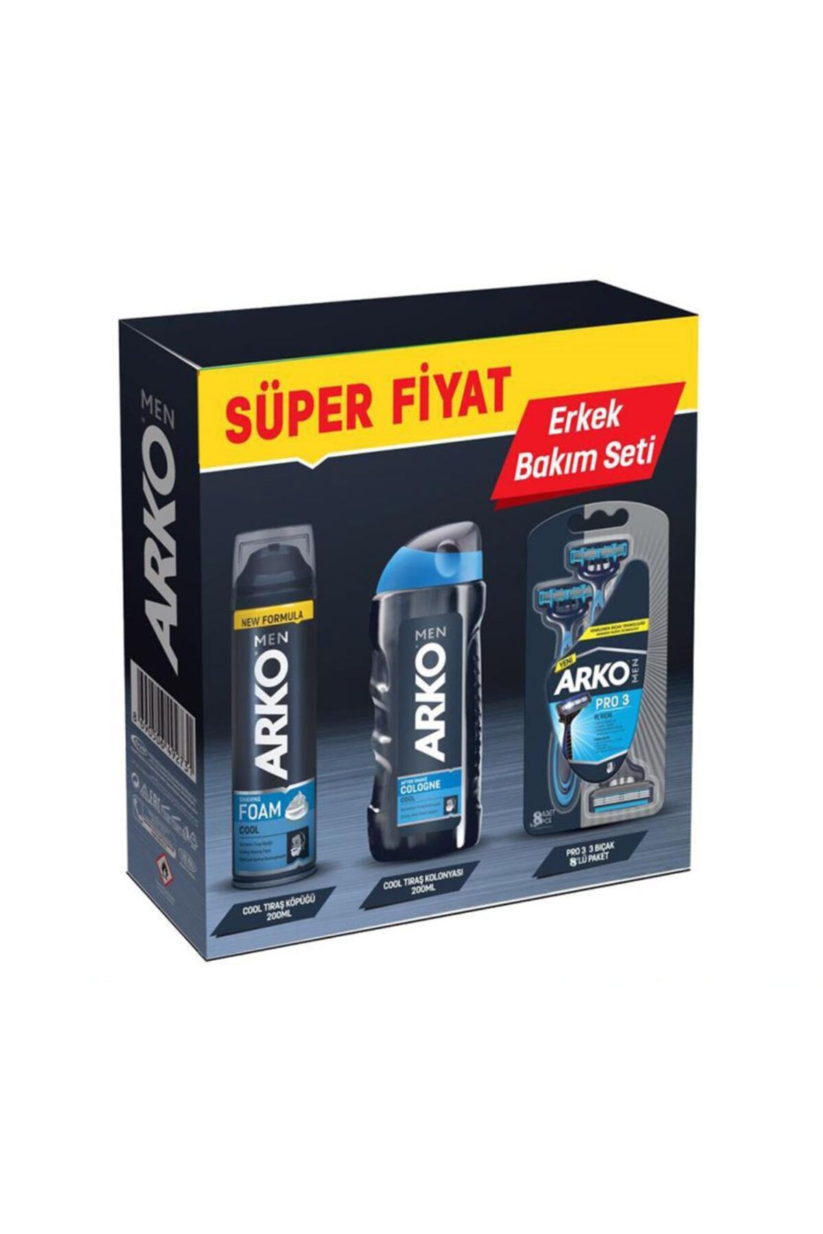 ARKO Cool Kolonya 250ml+cool Köpük 200ml+system 3 Bıçak X 8 Adet Erkek Bakım Seti