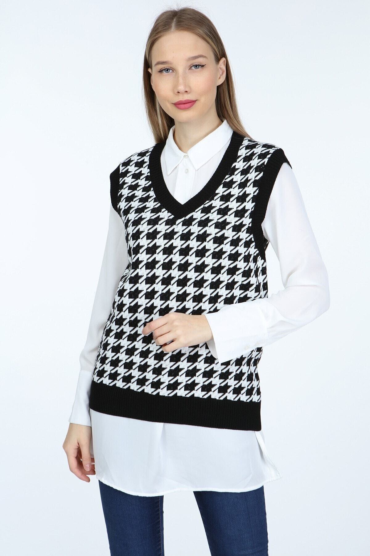 FY Giyim Kadın Kaz Ayağı Desenli Siyah Süveter Yelek