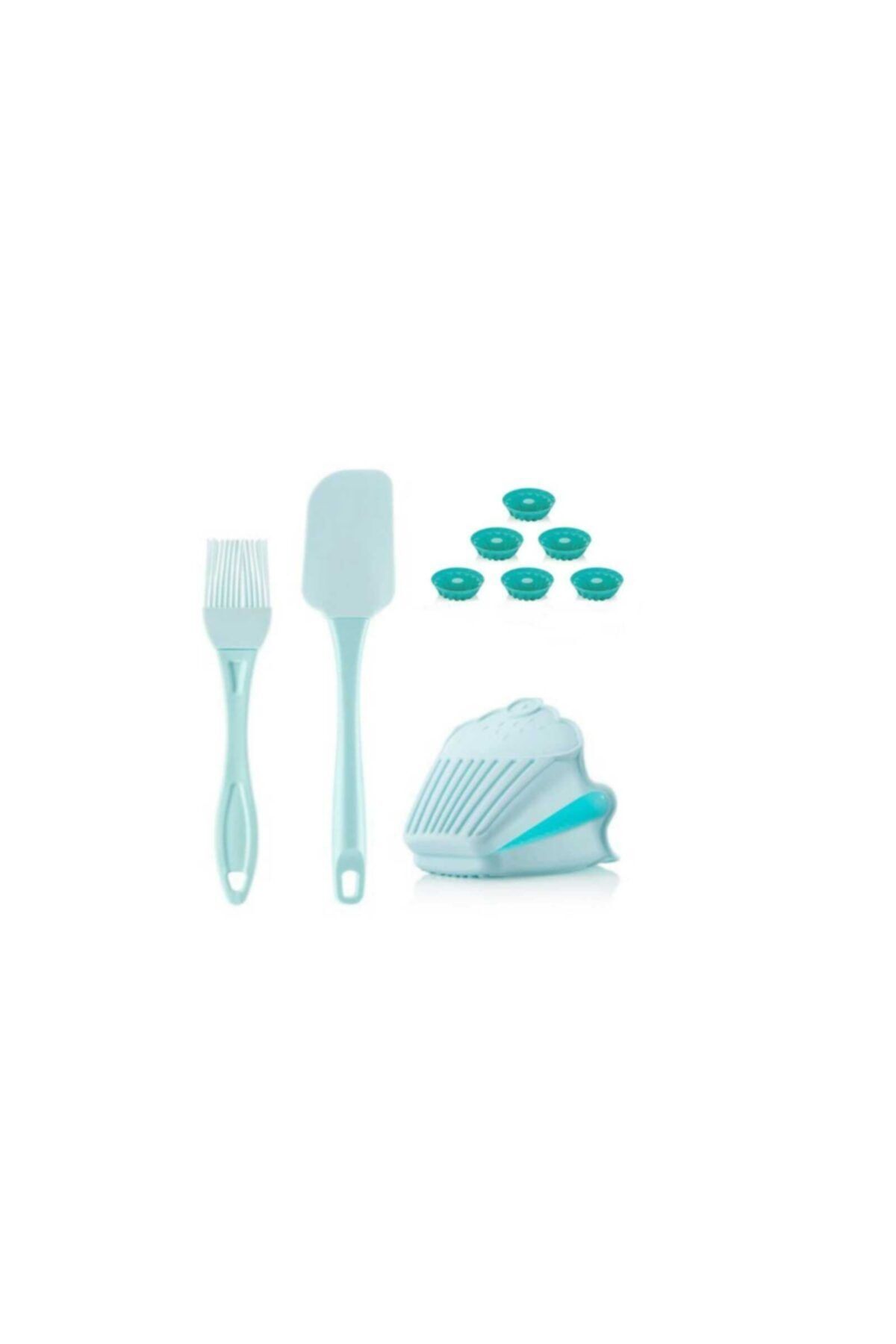ELAVUS Silikon Fırın Tutacağı Fırça Spatula Ve 6'lı Kek Kalıbı Mint Set