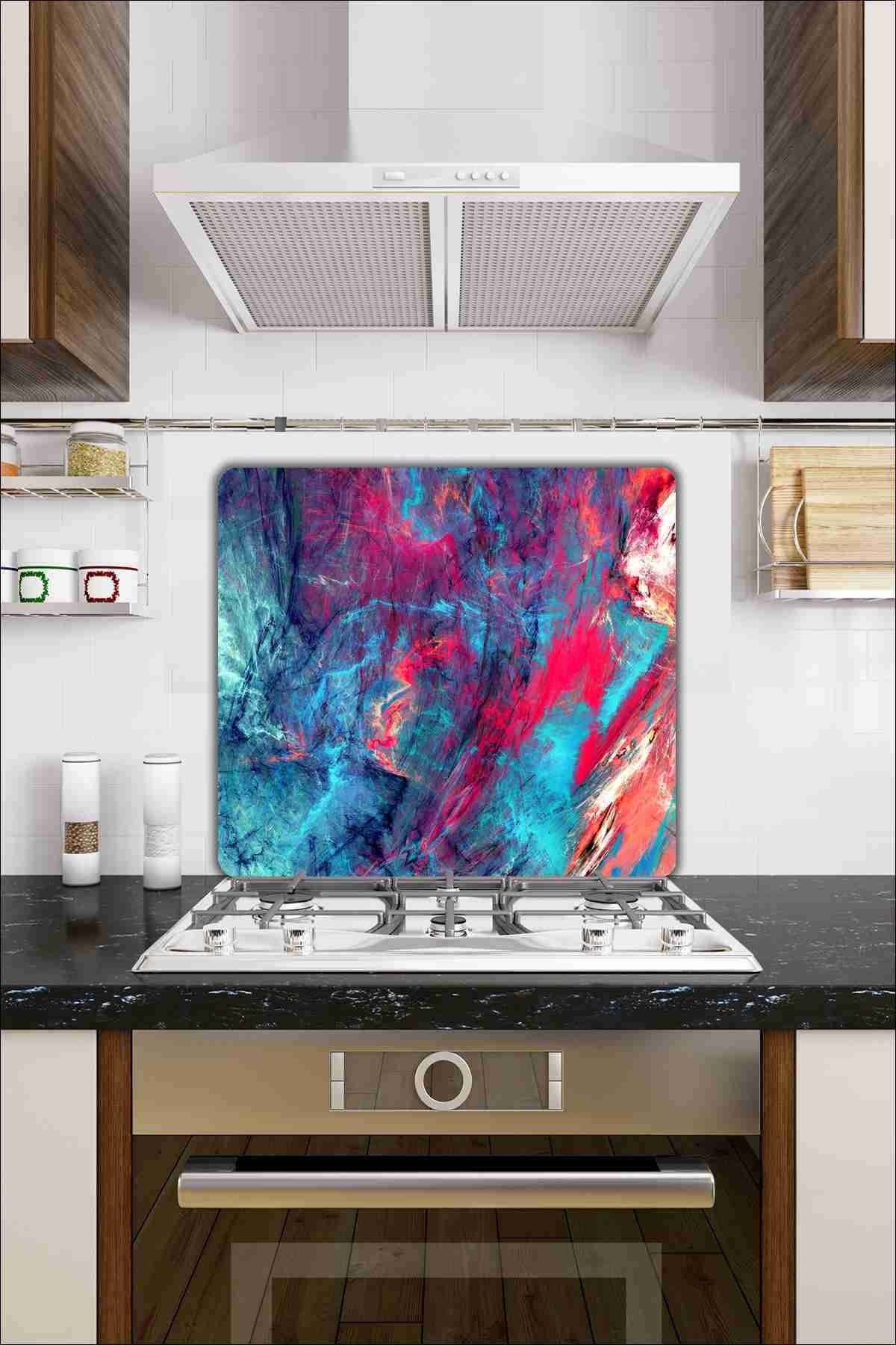Saban Cam Ocak Koruyucu ve Cam Kesme Tahtası Kırmızı Mavi Alacalı 50 cm X 56 cm Tek Parça