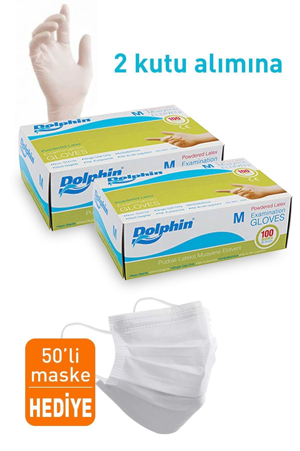 Dolphin Eldiven Latex Medıum (100*1) 2 Kutu+1 Kutu 50'li Maske