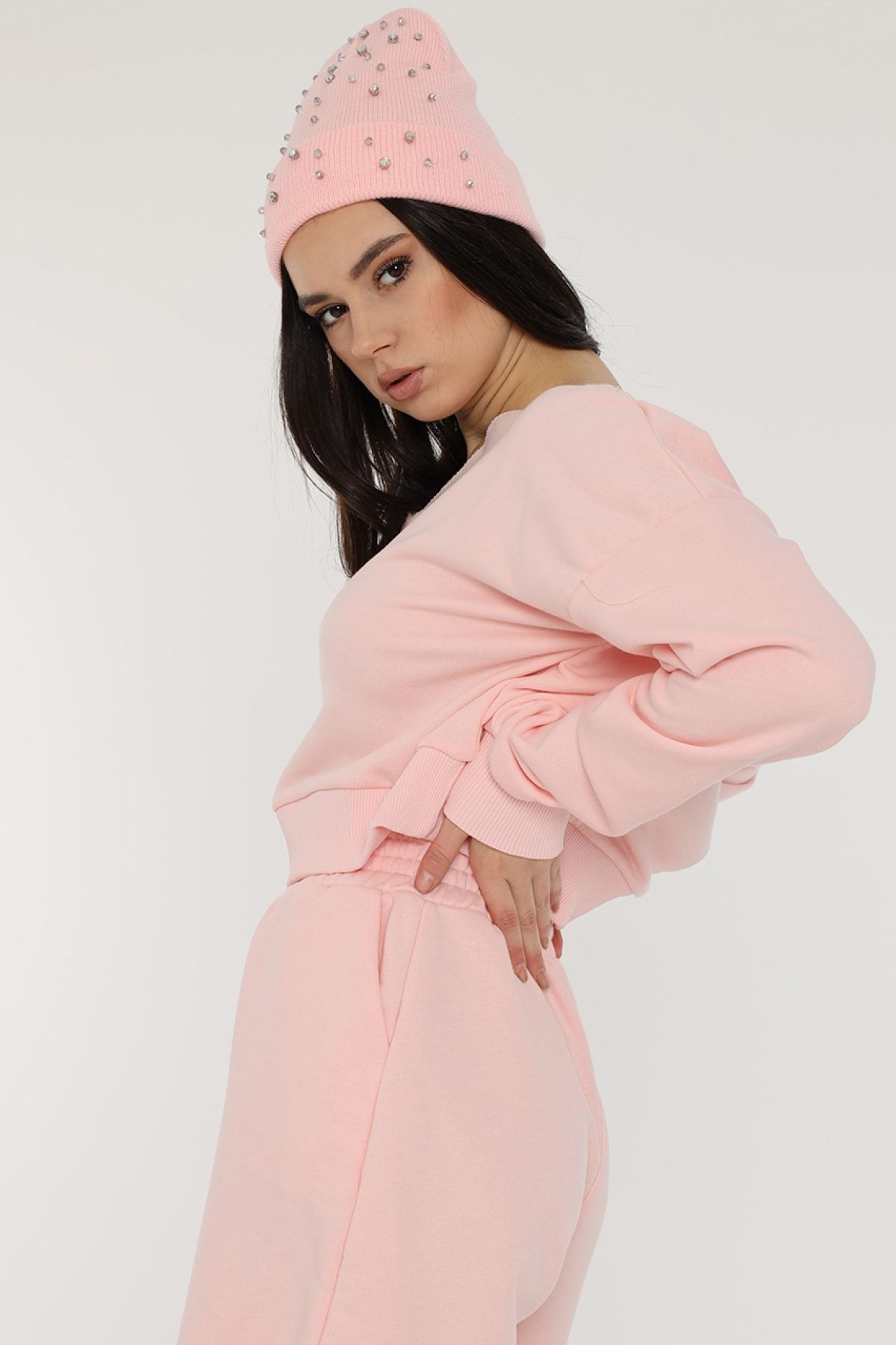 ENORA MODA Kadın Pudra Taşlı Bere