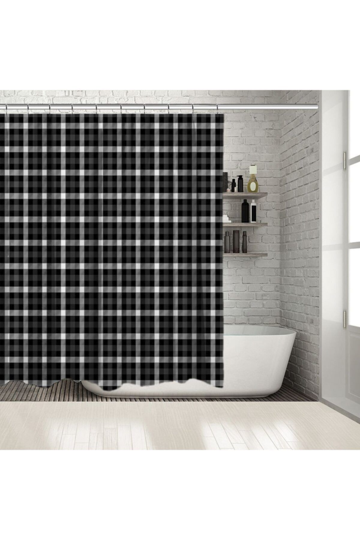 Henge Home Baskılı Duş Perde Noel Siyah Beyaz Gri Kare Tartan Ekose Desenli