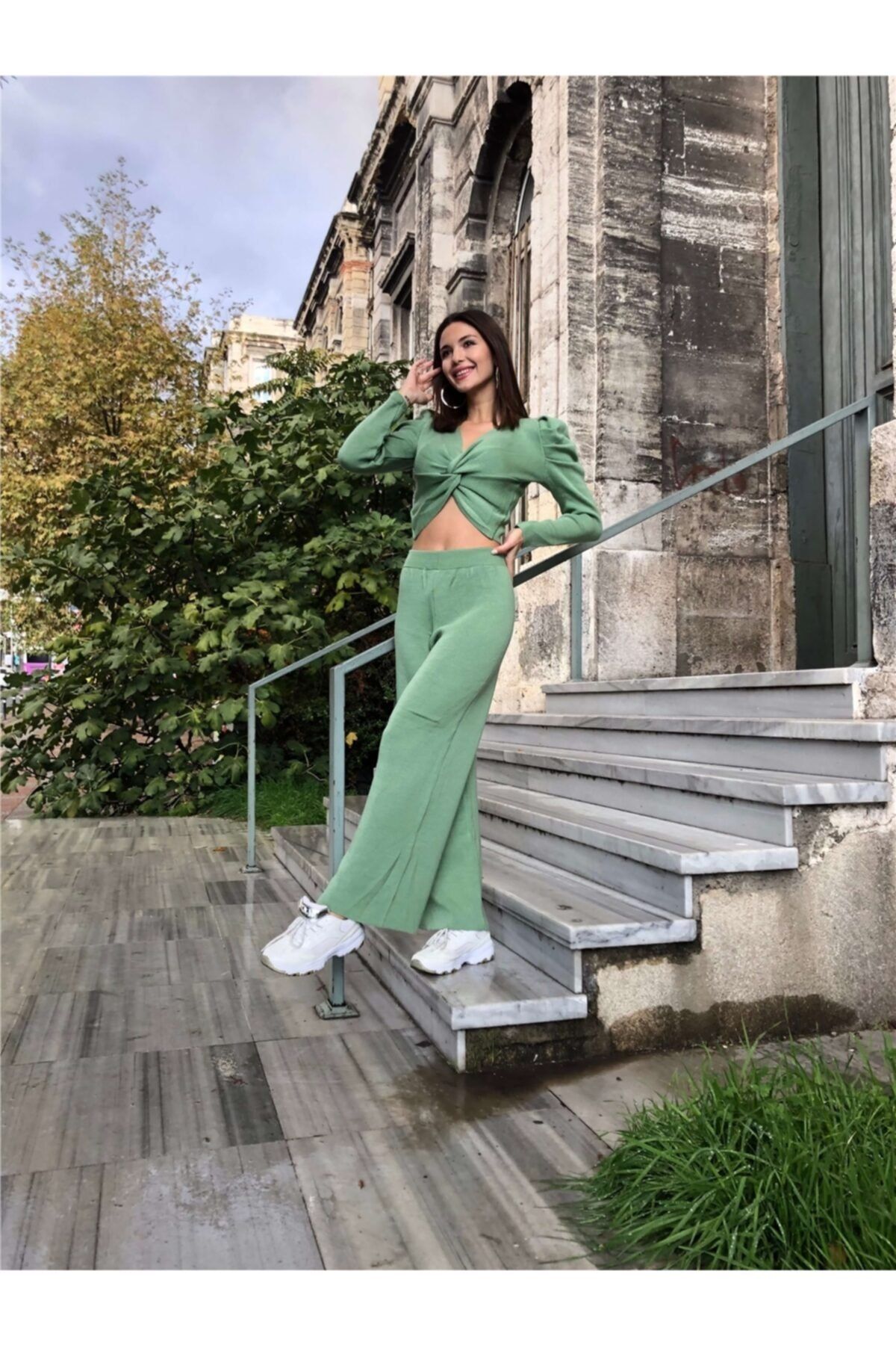 Modakapimda Yeşil Bluz Pantolon Alt Üst Triko Takım